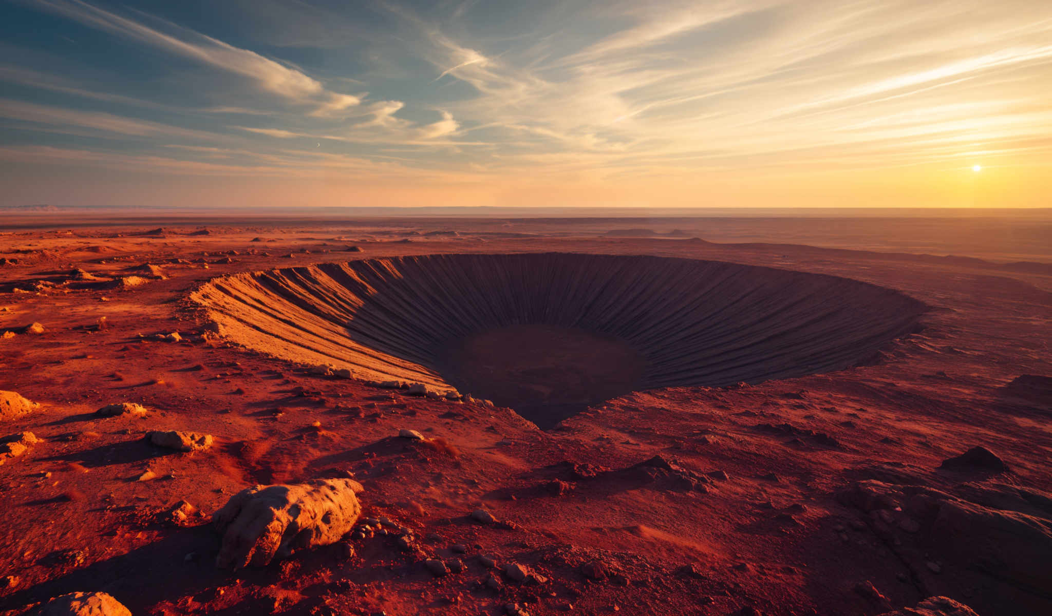 A large crater in a desert with a spiral pattern in the center.