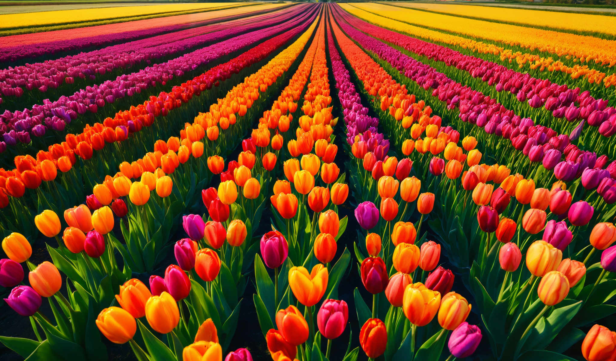 A vibrant display of tulips in full bloom. The tulips are arranged in rows creating a colorful spectacle. The colors of the tulips range from red and yellow to pink and orange. The green stems of the flowers add a contrasting touch to the scene. The image captures the beauty and diversity of these flowers making it a captivating sight to behold.