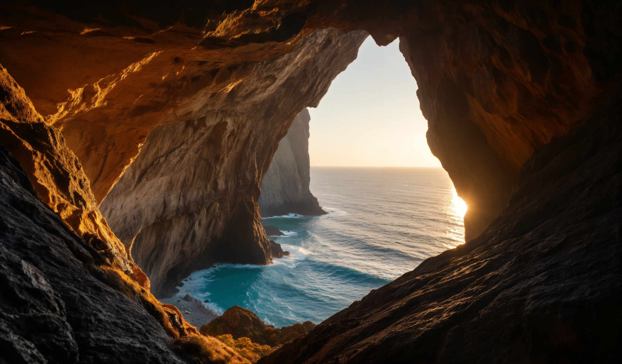 A breathtaking view of the ocean through a large rock opening. The ocean is a deep blue with waves crashing against the rocks. The sky is a light blue and the sun is shining brightly through the opening.