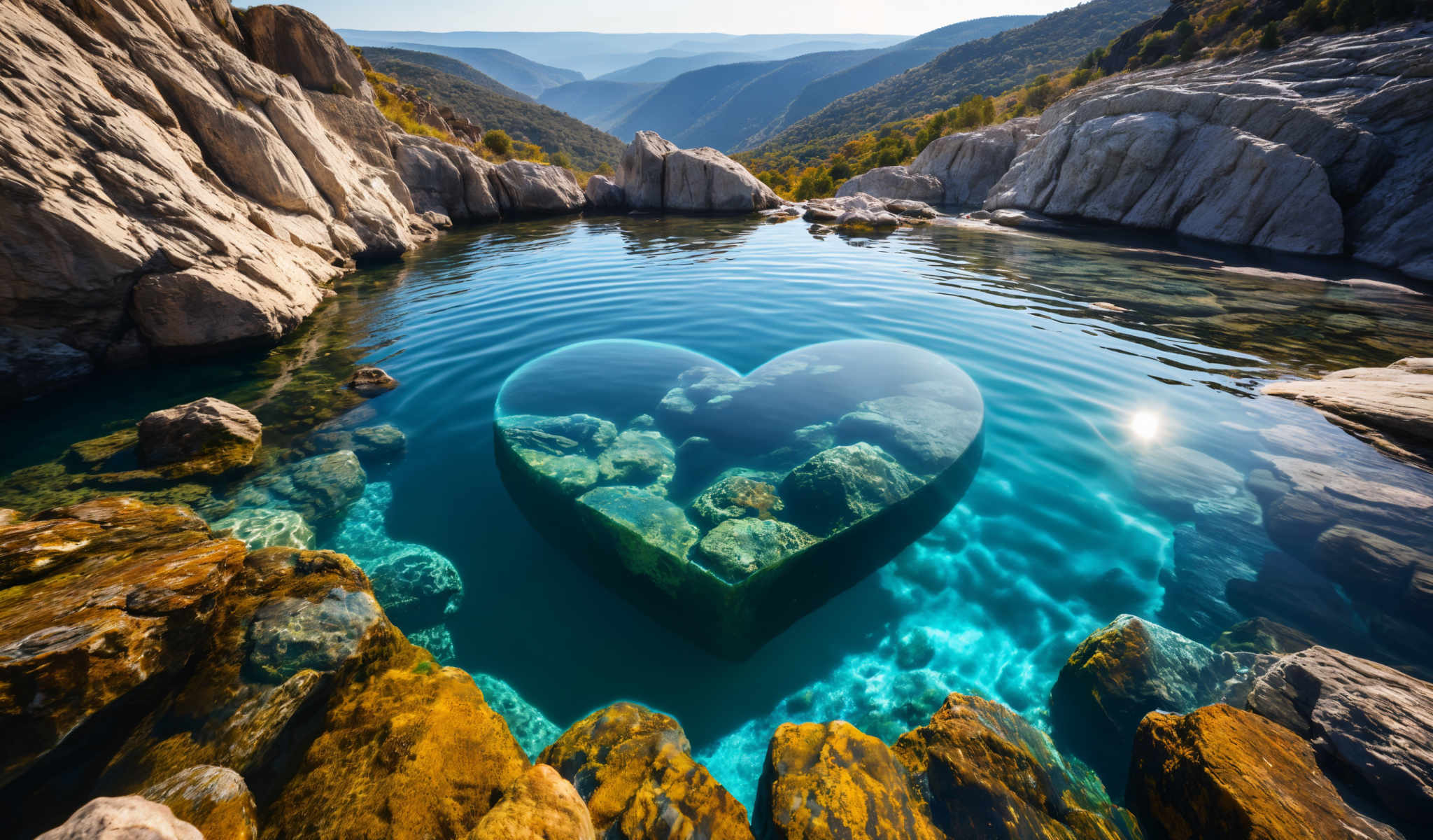 A heart-shaped rock formation in a pool of water.