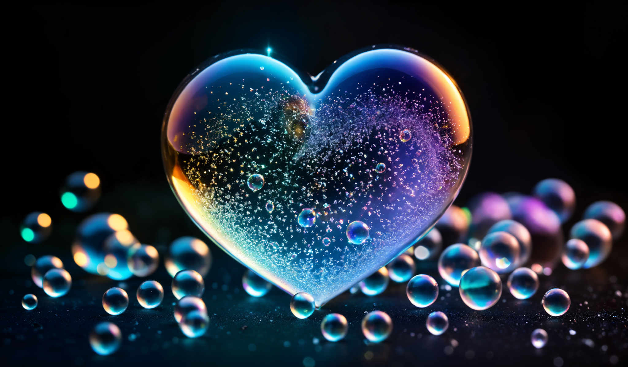 A heart-shaped object is surrounded by blue and purple bubbles.