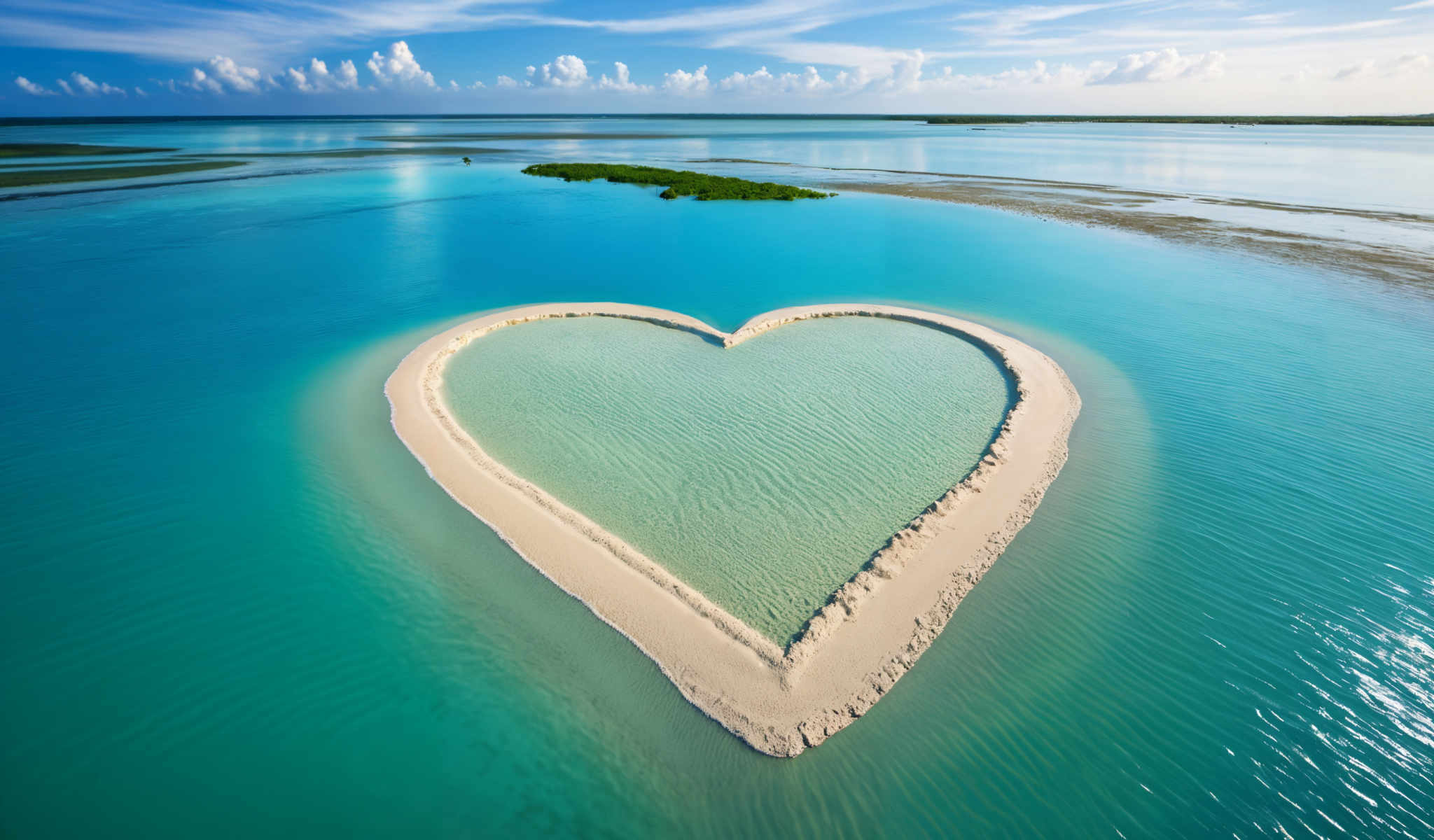 A heart shaped island in the middle of a body of water.