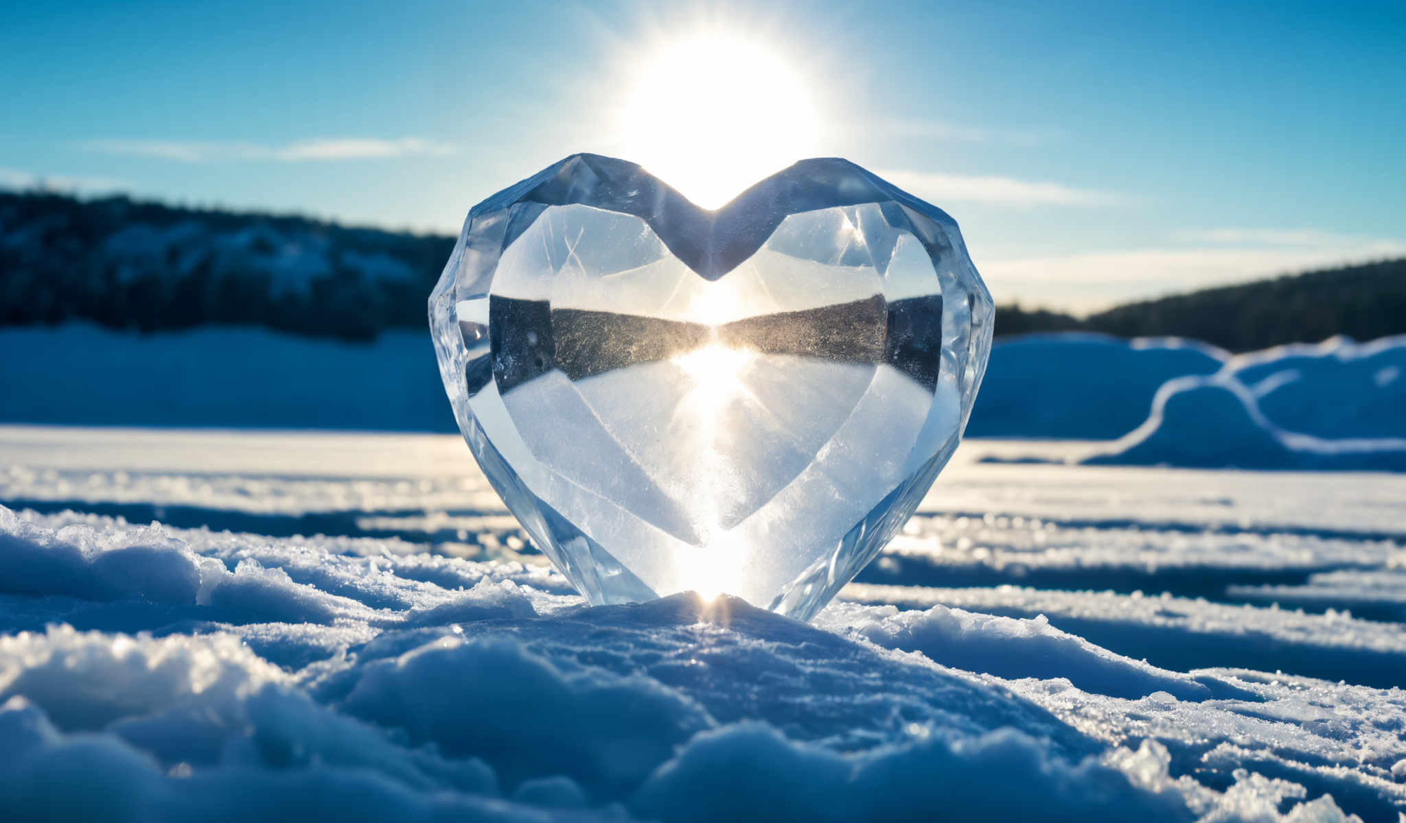 A heart shaped crystal in the snow with the sun shining through it.