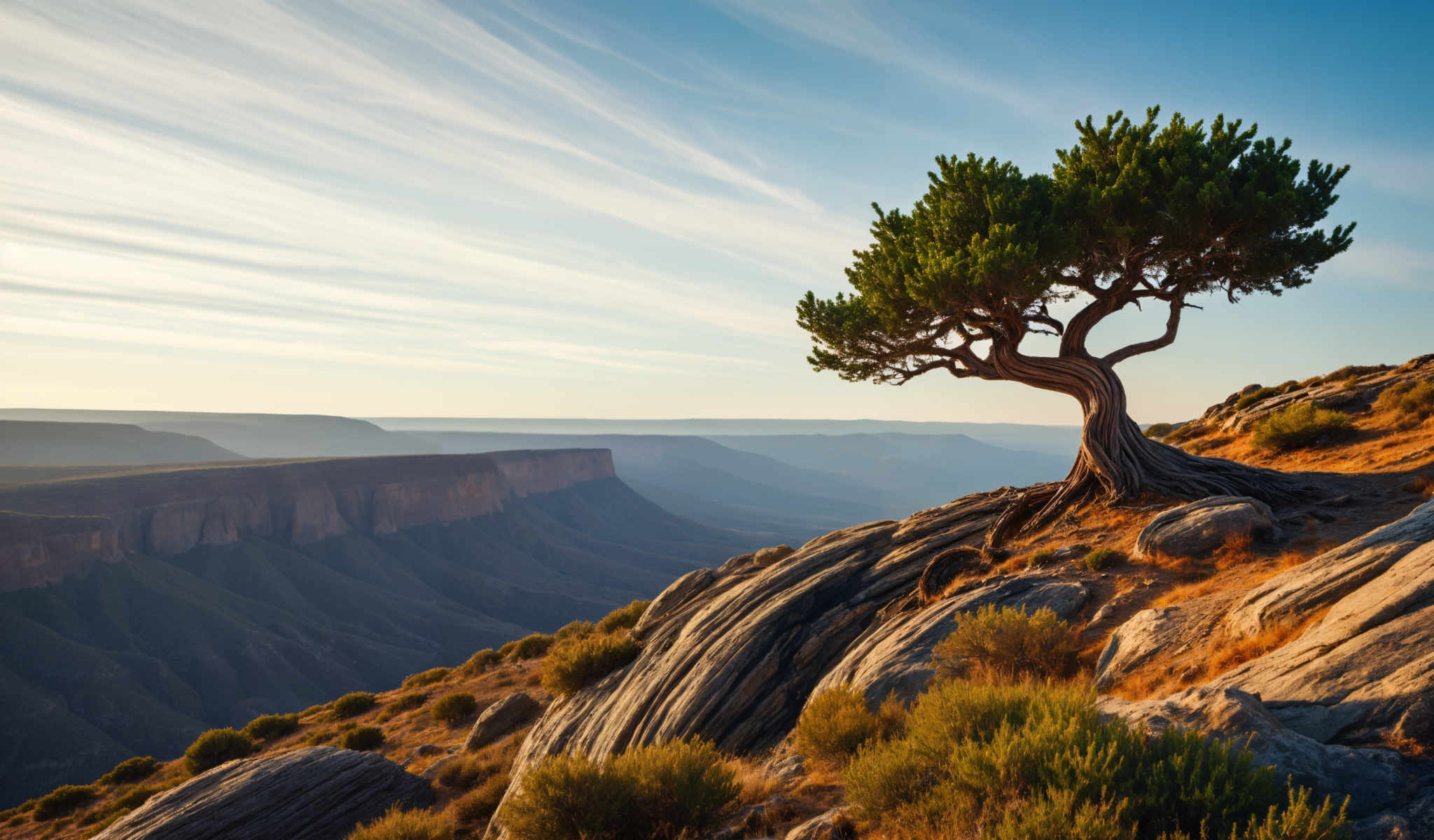 A tree with twisted branches stands on a rocky outcropping. The tree is surrounded by shrubs and rocks. The background features a cliff and a valley. The sky is blue with white clouds. The image is taken from a high angle.