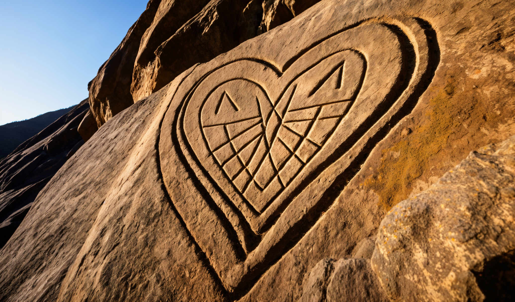 A heart-shaped carving is etched into a rock. The heart is composed of a series of lines and curves giving it a unique and artistic appearance. The rock itself is a light brown color and the carving is a darker brown creating a striking contrast. The carving is located on the right side of the rock and it is slightly larger than the rock's surface. The background of the photo is a clear blue sky which adds a serene and peaceful atmosphere to the image.

The carving is the main focus of the photograph and its intricate design and placement on the rock make it a captivating subject. The use of light and shadow in the image further enhances the visual appeal of the carving highlighting its shape and form. The blue sky in the background provides a stark contrast to the rock and the heart carving drawing the viewer's attention to the main subject of the picture. Overall the image is a beautiful representation of art and nature coexisting harmoniously.