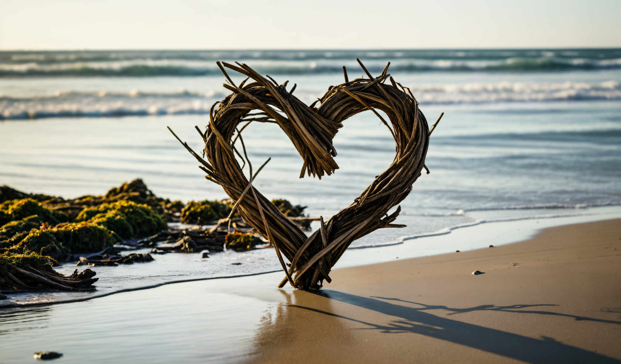 A heart made of sticks on a beach.