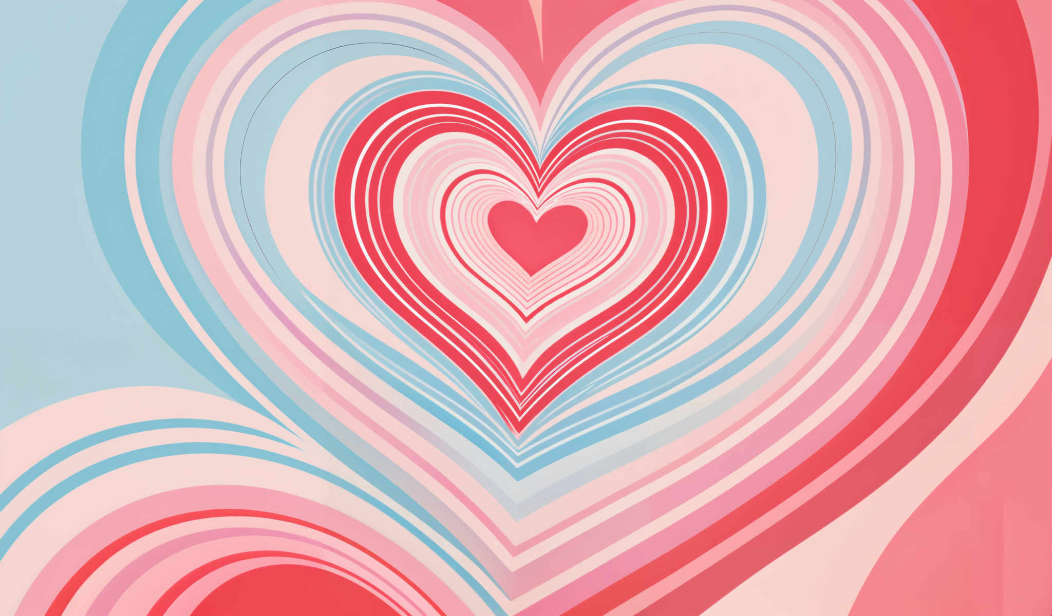 A heart-shaped design with a gradient of pink blue and red colors. The heart is composed of multiple layers of these colors creating a sense of depth and dimension. The design is symmetrical with the heart perfectly centered in the image and the colors blend seamlessly together creating an abstract pattern that is both visually striking and intriguing. The image does not contain any discernible text or countable objects and there are no actions taking place. The focus is solely on the heart-shaped pattern and its vibrant colors.