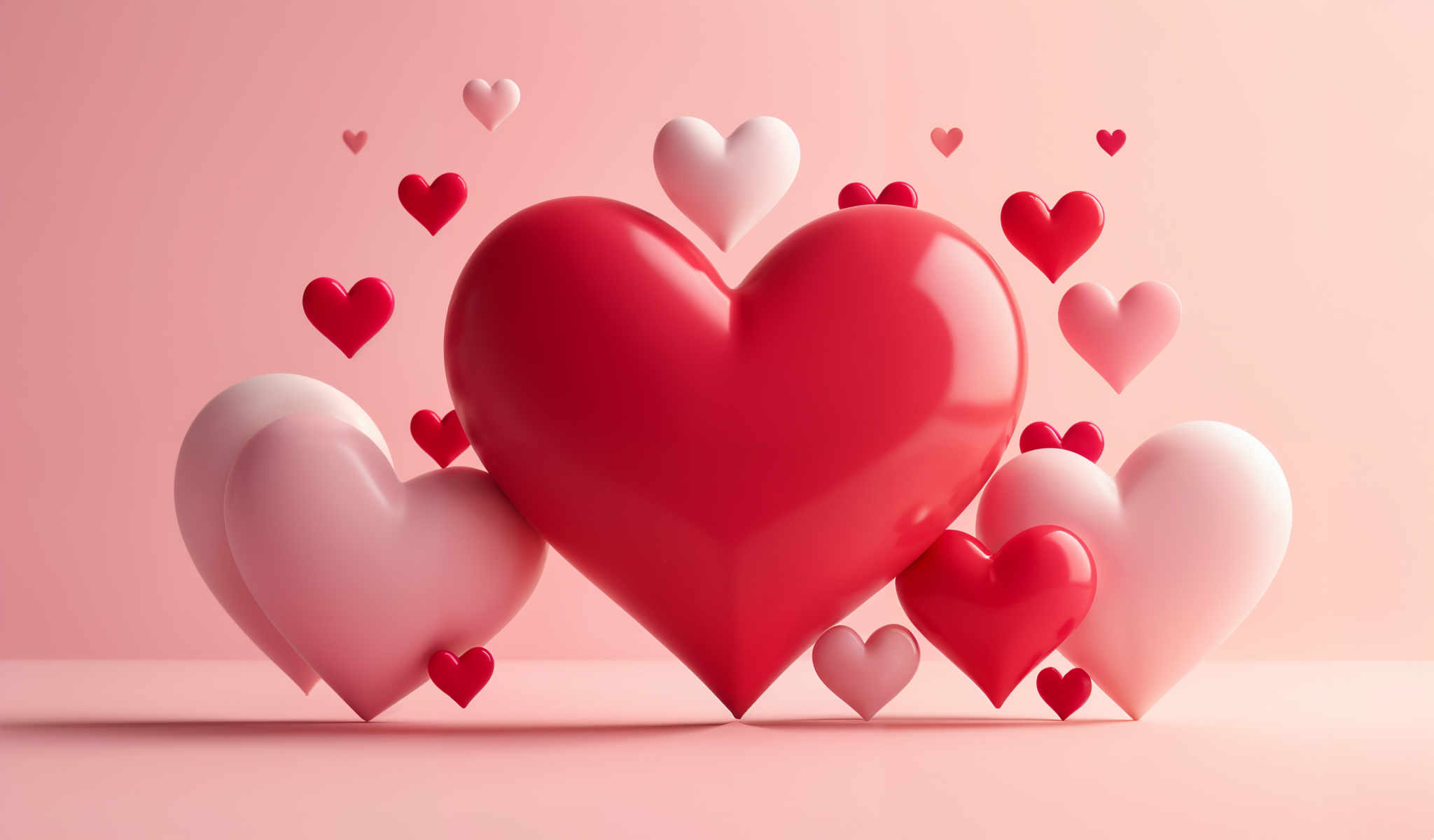 A heart-shaped object is the central focus of the scene. It is surrounded by smaller heart-shaped objects creating a sense of depth and dimension. The objects are all the same color a vibrant red which stands out against the light pink background. The hearts are arranged in a way that they appear to be floating adding a dreamy and whimsical feel to the image.

The hearts are not just randomly placed; they are arranged to form a larger heart shape. This gives the image a sense that the hearts are connected perhaps symbolizing love or unity. The background is not just a plain light pink; it has a subtle gradient that adds to the depth of the background.

The image does not contain any text or other discernible objects. The focus is solely on the hearts and their arrangement. The image is a celebration of love and unity symbolized by the hearts. The use of the same red color for all the hearts creates a sense unity and harmony. The light pink gradient background complements the hearts making them stand out even more. The overall effect is a beautiful and heartwarming image that conveys a message of love unity and harmony.

Please note that this description is based on the information provided and does not