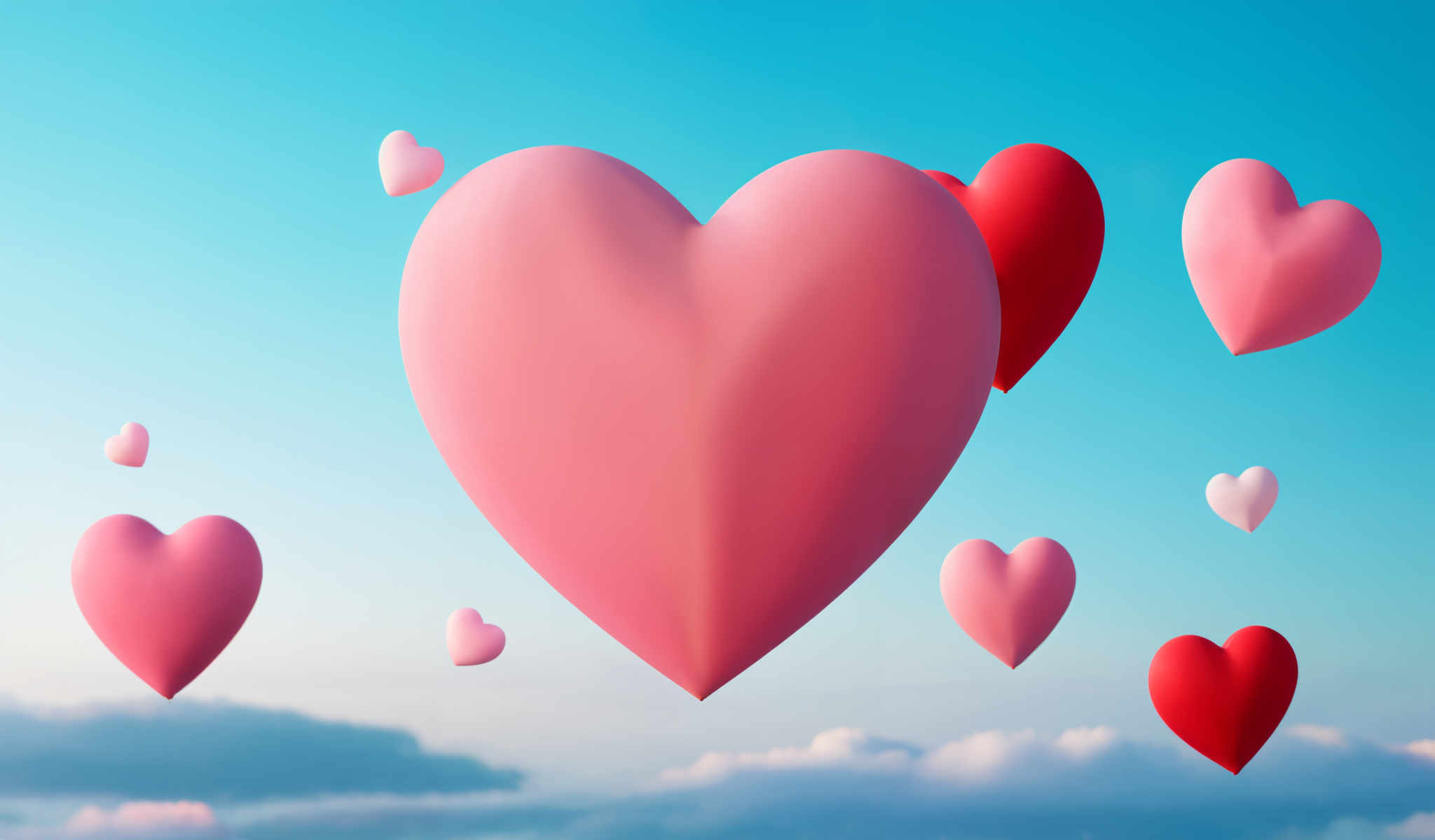 A heart-shaped balloon floats in the sky surrounded by smaller hearts.