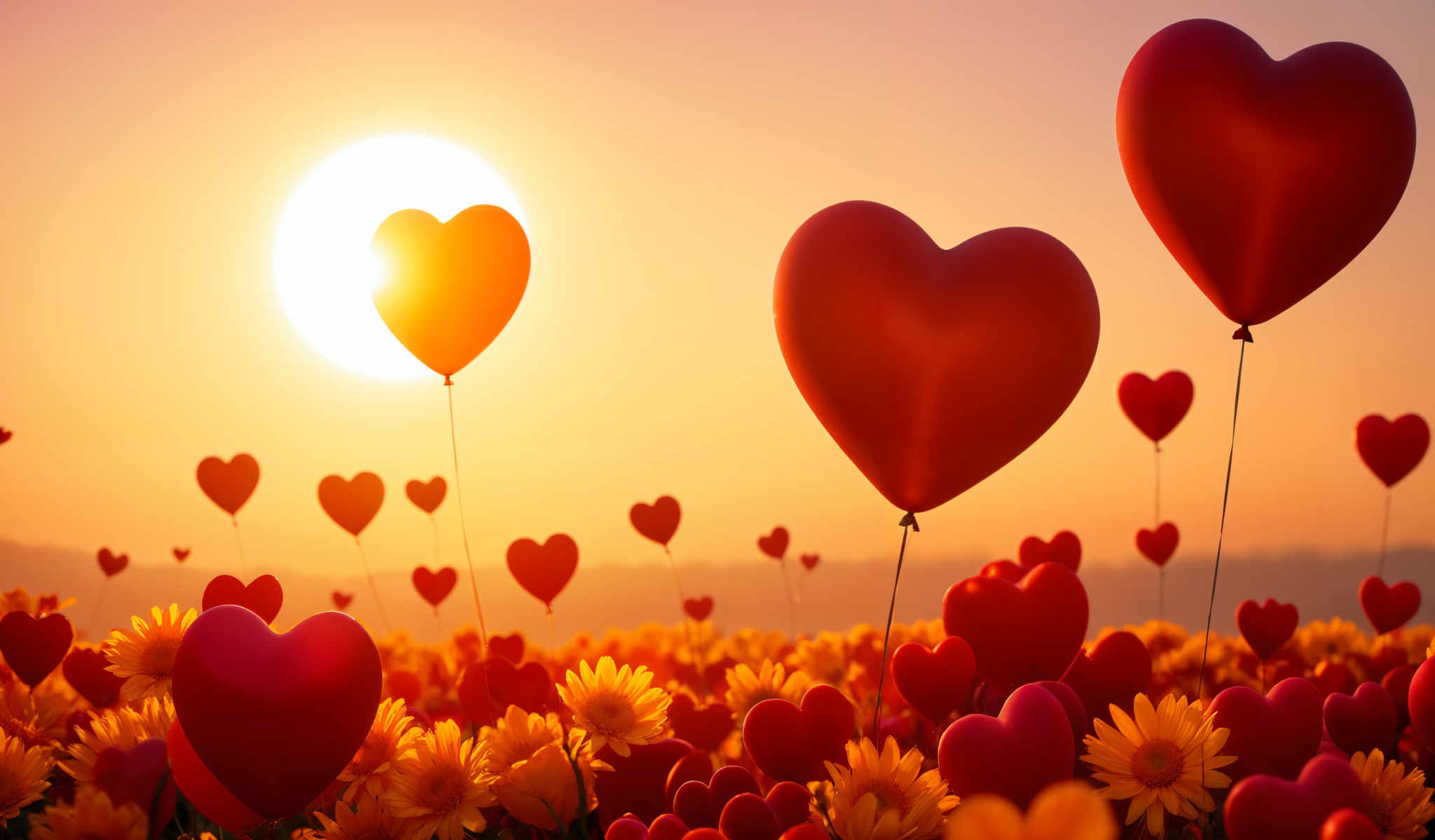 A field of red and yellow flowers with hearts floating above them.