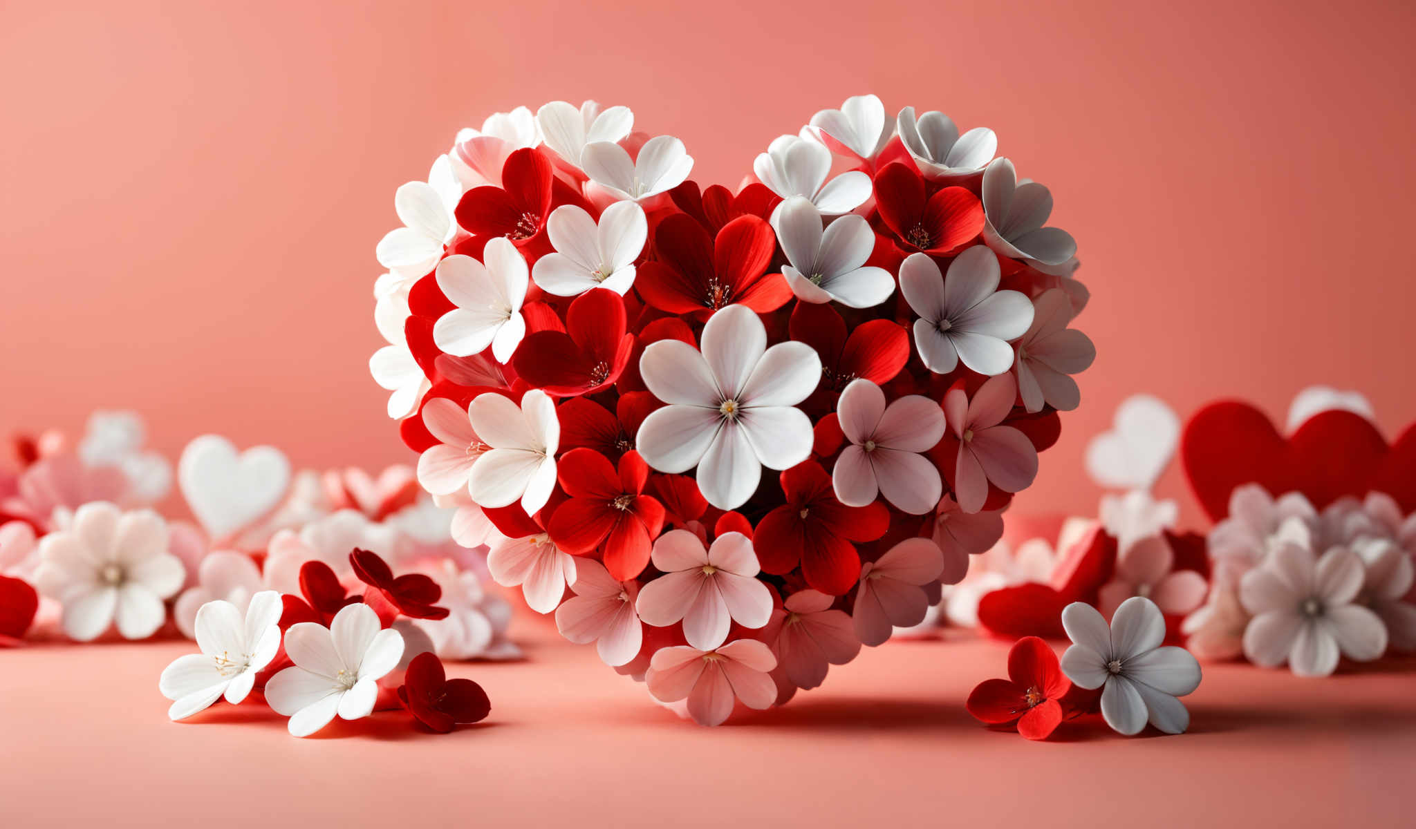 A heart-shaped arrangement of red and white flowers.