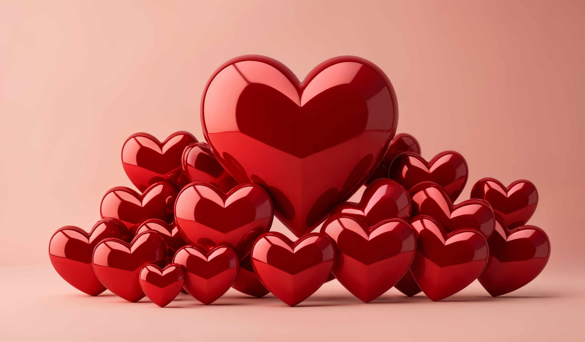 A collection of red heart shaped objects are arranged in a pyramid formation.