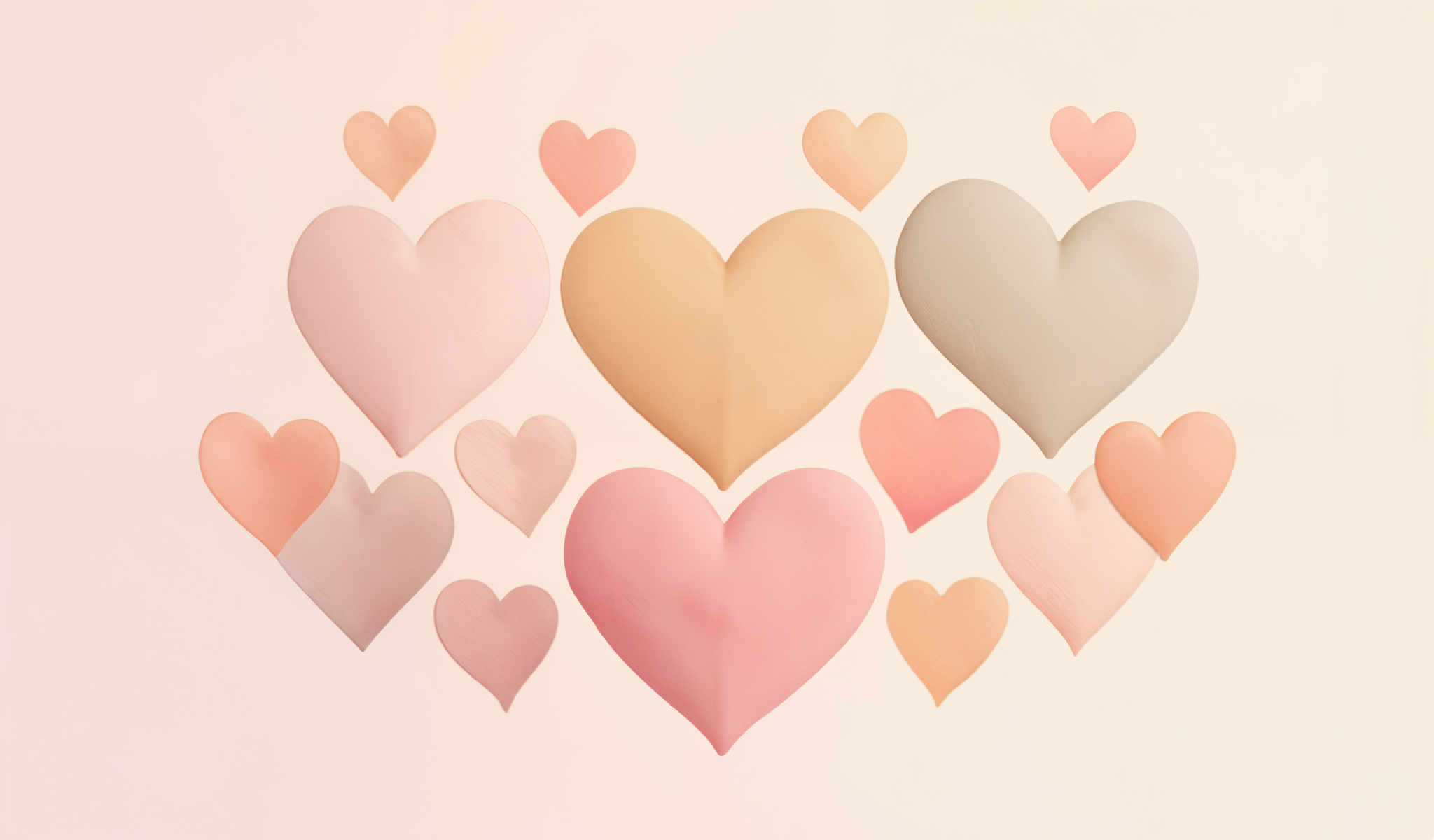 The image presents a delightful array of 16 heart-shaped cutouts each exhibiting a unique color and size. The hearts are meticulously arranged in a grid-like pattern with 4 rows and 4 columns. The colors of the hearts range from soft pink to warm beige and even a subtle gray. The largest heart is centrally positioned drawing the viewer's attention while the smallest hearts are strategically placed at the corners. The image exudes a sense of harmony and balance with each heart contributing to the overall composition.