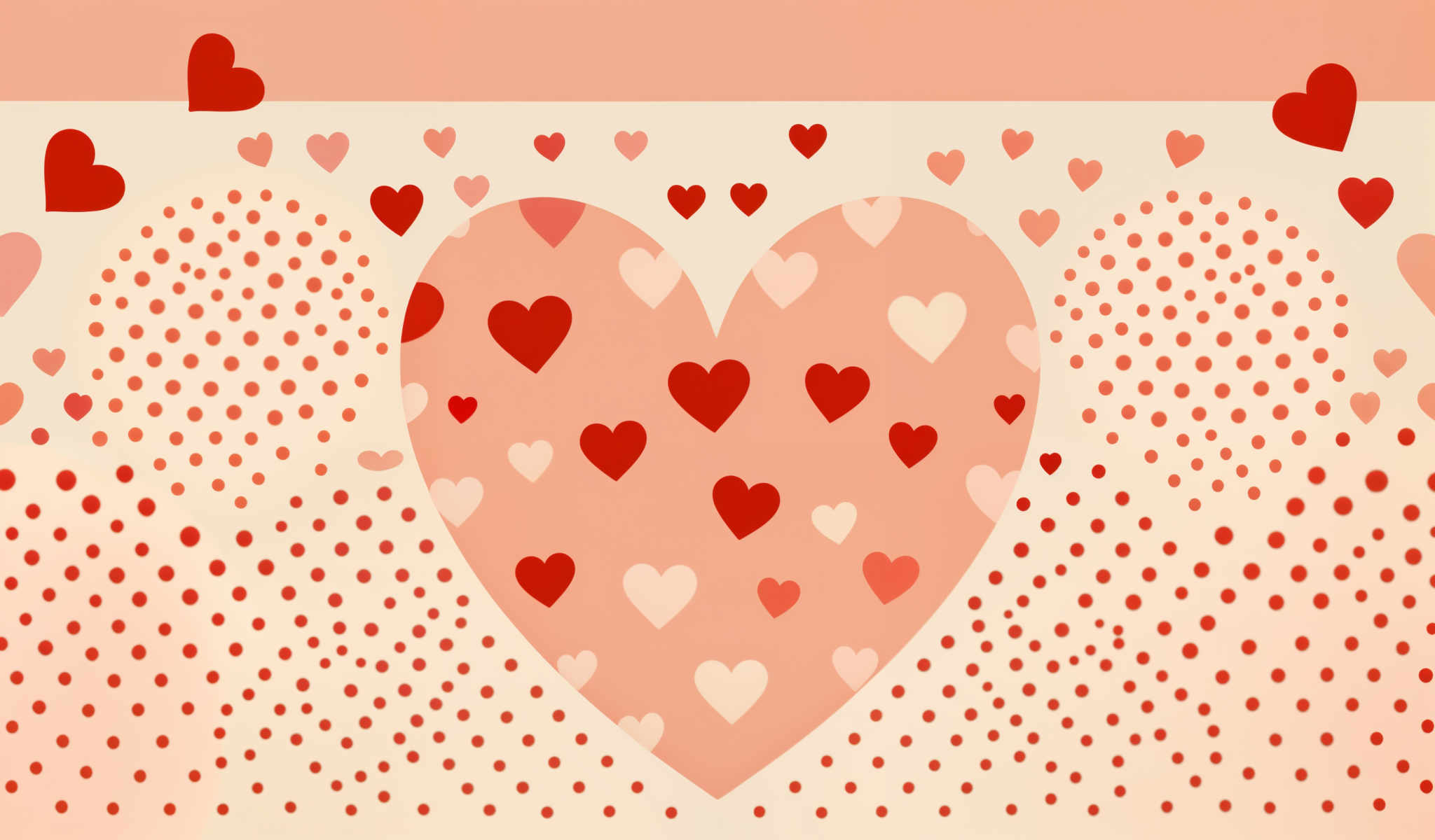 A heart-shaped graphic is filled with red hearts and is set against a peach background.