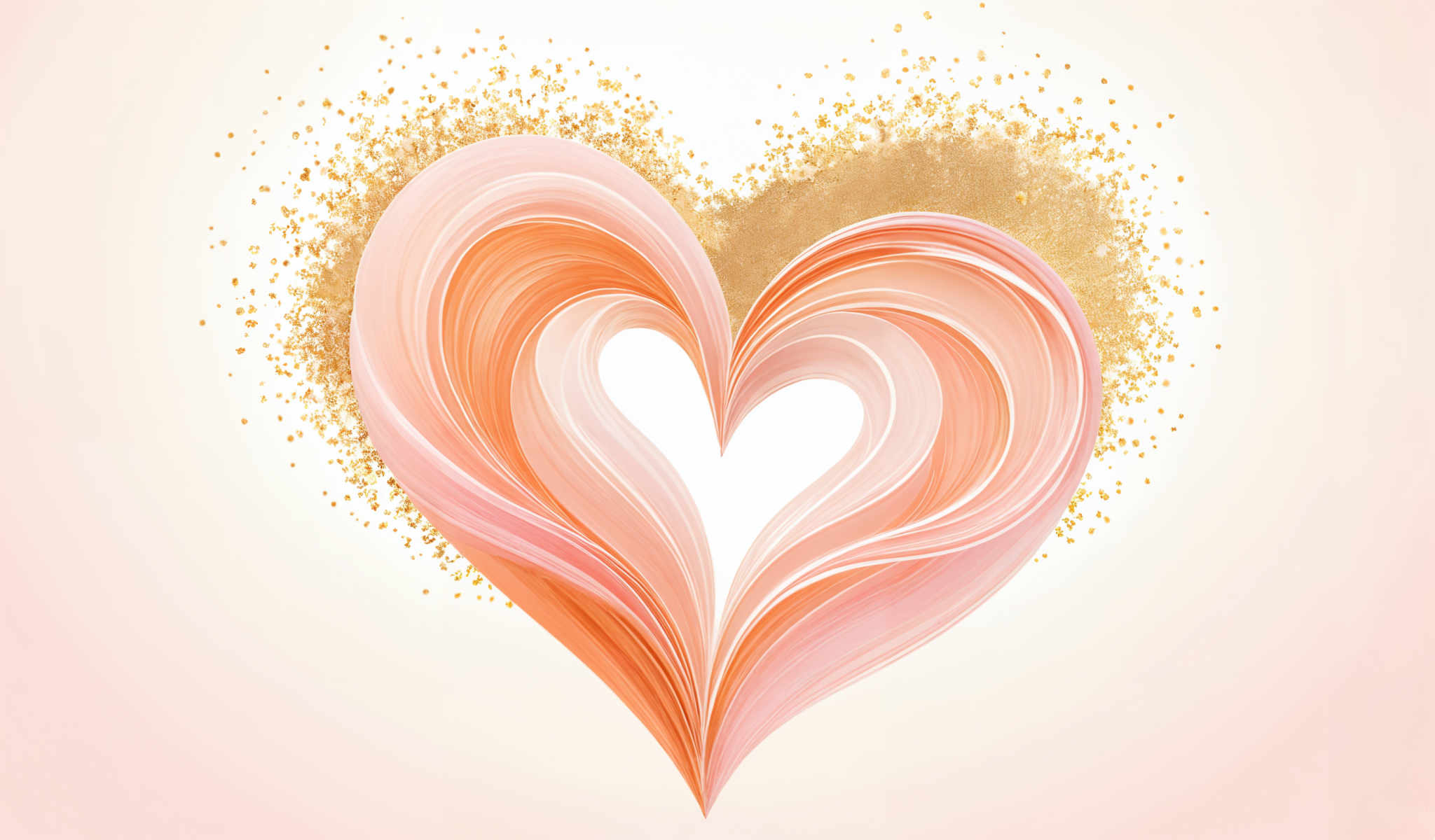 A heart shape is formed by two overlapping hearts one pink and one orange. The hearts are made of a swirling fluid-like material that gives them a sense of movement. The background is a light pink color and is speckled with gold glitter. The image is a digital illustration.