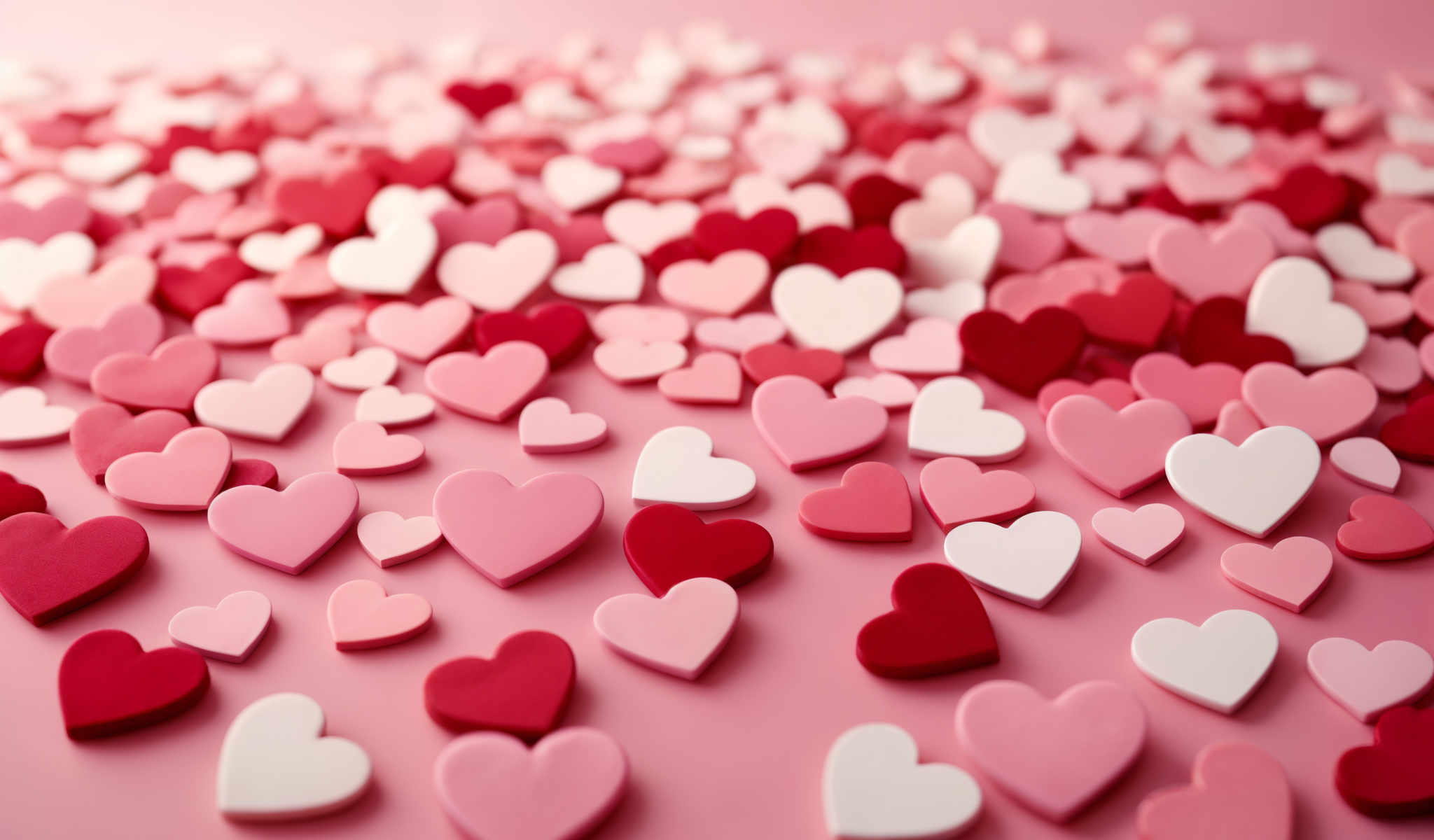 A close up of a multitude of heart shaped objects in shades of pink and red.