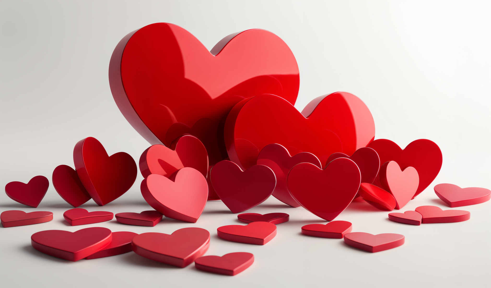 A collection of red heart shaped objects are scattered across a white background.