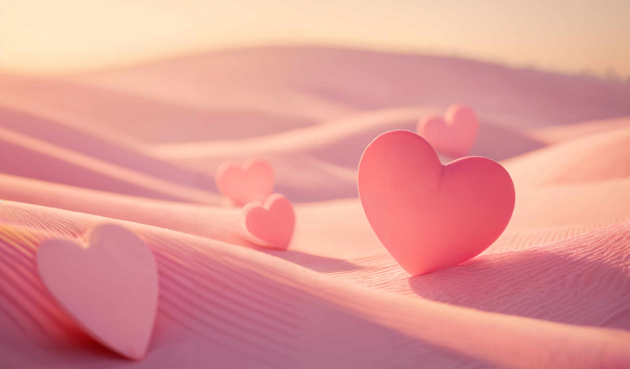 A pink heart is the main focus of this image. It is located in the center and is slightly tilted to the right. The heart is surrounded by a desert-like background which is also pink and has a wavy texture. Scattered throughout the background are smaller pink hearts adding depth to the image.

In the bottom right corner of the heart there is a small white arrow pointing towards it. This arrow adds a sense of direction to the composition. The overall image gives off a warm and romantic vibe emphasized by the pink color scheme and the heart symbol. The desert-like texture in the background adds an element of mystery and intrigue. Despite the simplicity of the elements the image conveys a strong emotional impact.