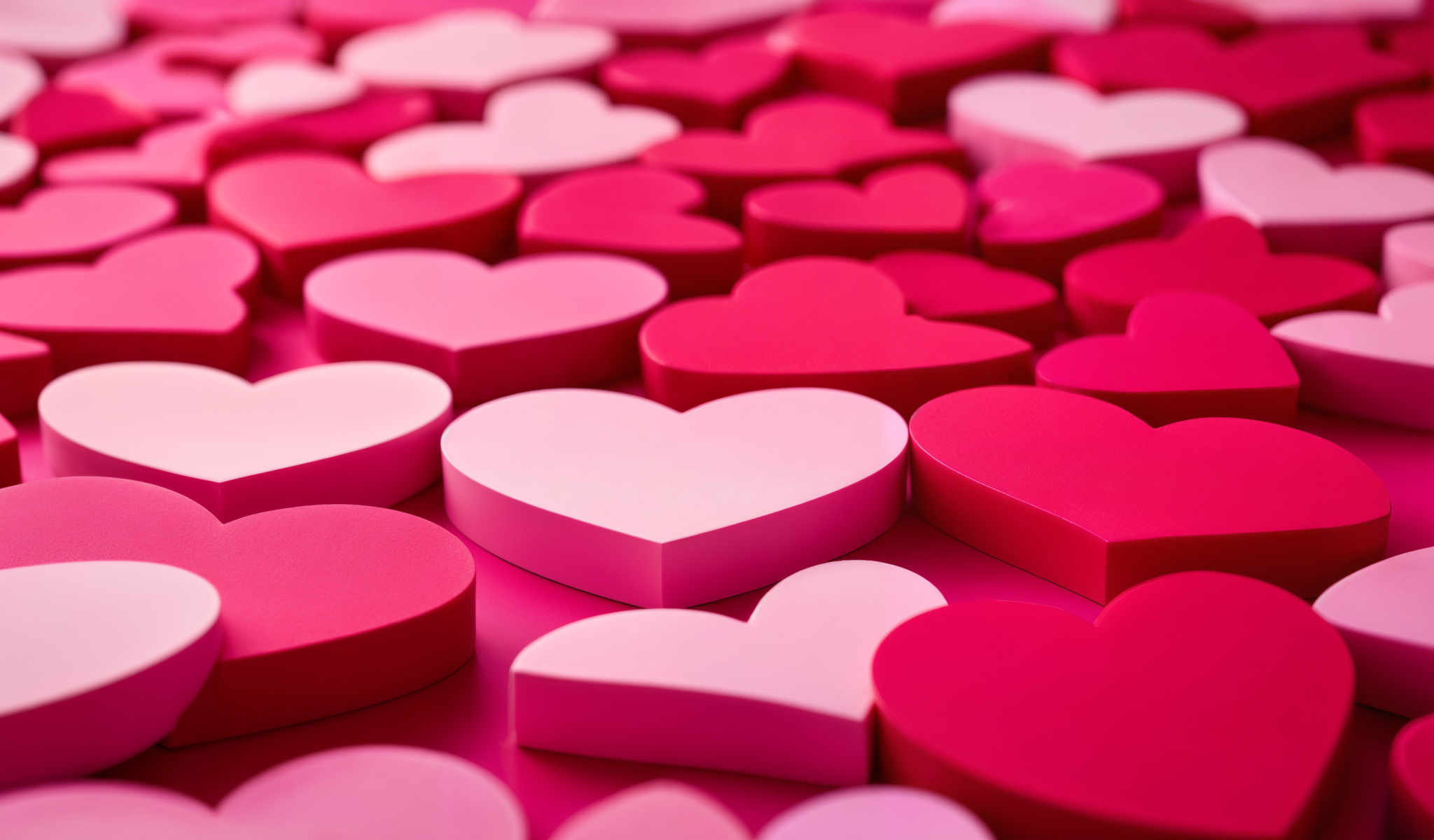 A collection of heart shaped objects in shades of pink and red.