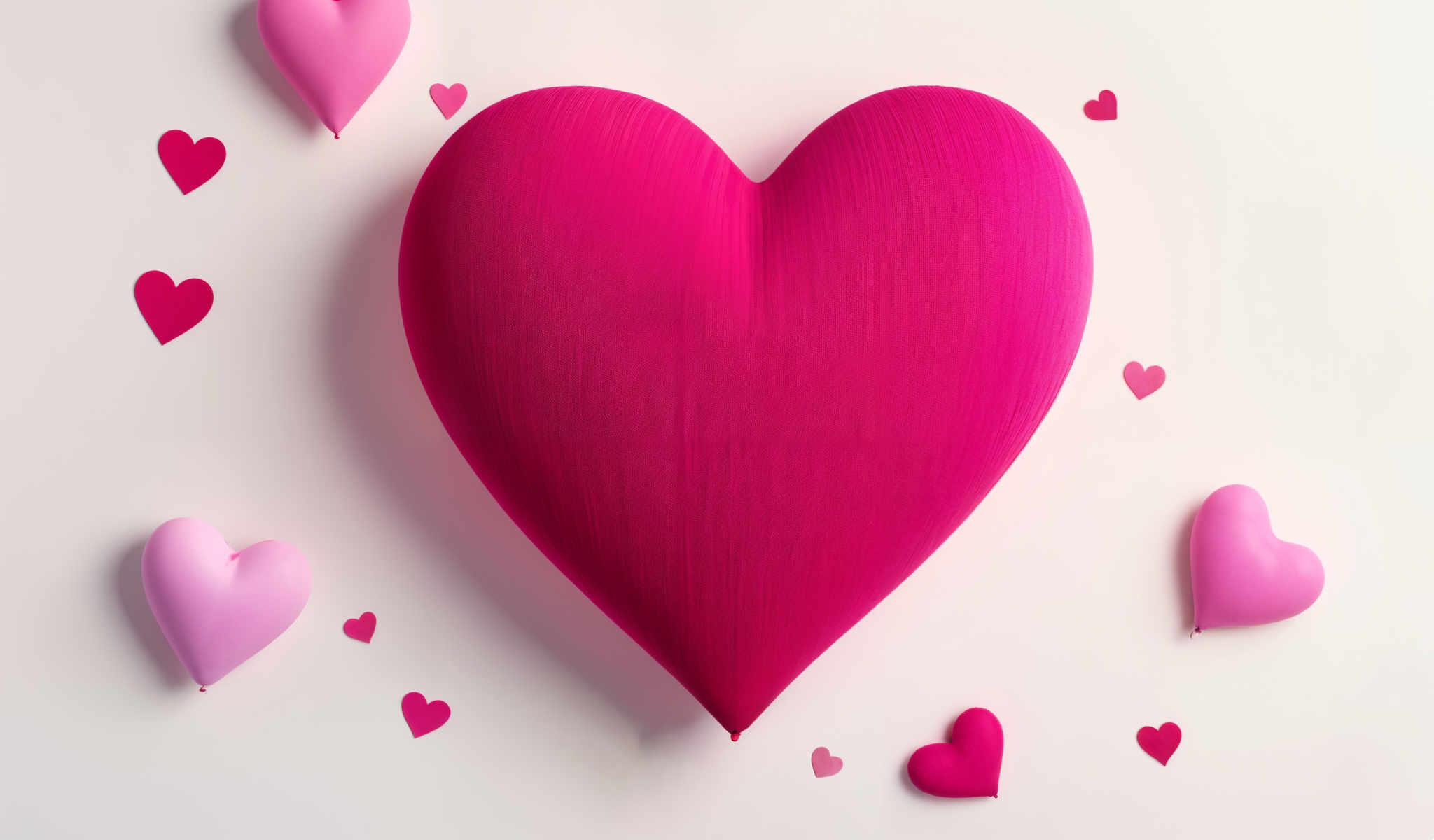 A heart-shaped object in a vibrant shade of pink is the central focus of the photo. The heart is not perfectly centered but is slightly tilted to the right adding a dynamic touch to the composition. Surrounding the heart are smaller pink hearts scattered in a seemingly random pattern. These hearts vary in size creating a sense of depth and dimension. The background is a stark white which contrasts with the pink hearts and makes them stand out. The image does not contain any text or other discernible objects. The overall composition is simple yet striking with the heart-shaped objects being the main point of interest.