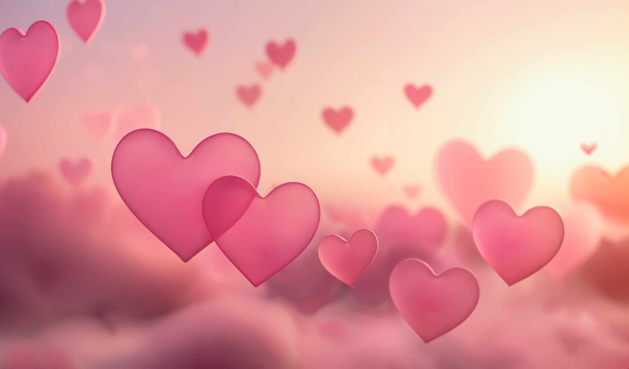 A close up of pink hearts floating in the air.