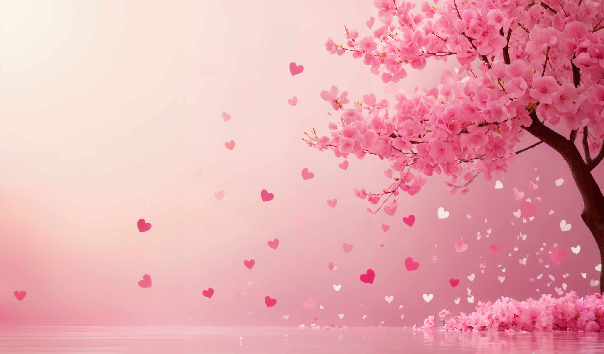 A pink background with hearts and a tree.