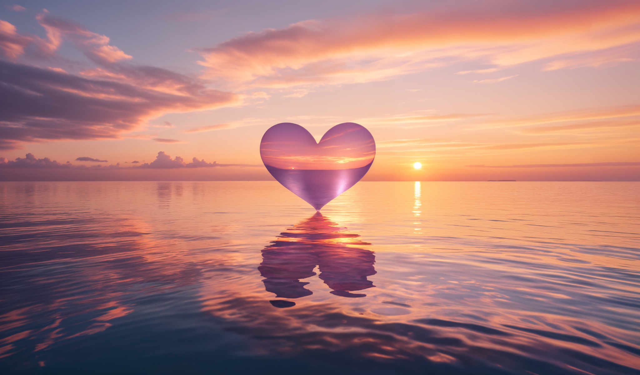 A heart-shaped object is floating on a body of water during a sunset.