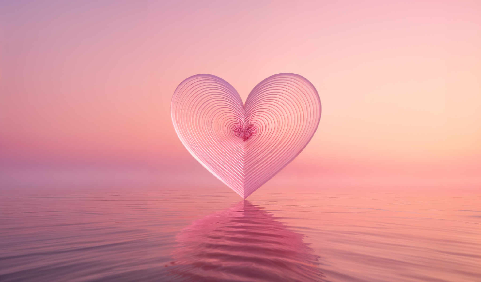 A heart-shaped object is floating on a body of water. The heart is made of a pink swirling material and is reflected in the water below.