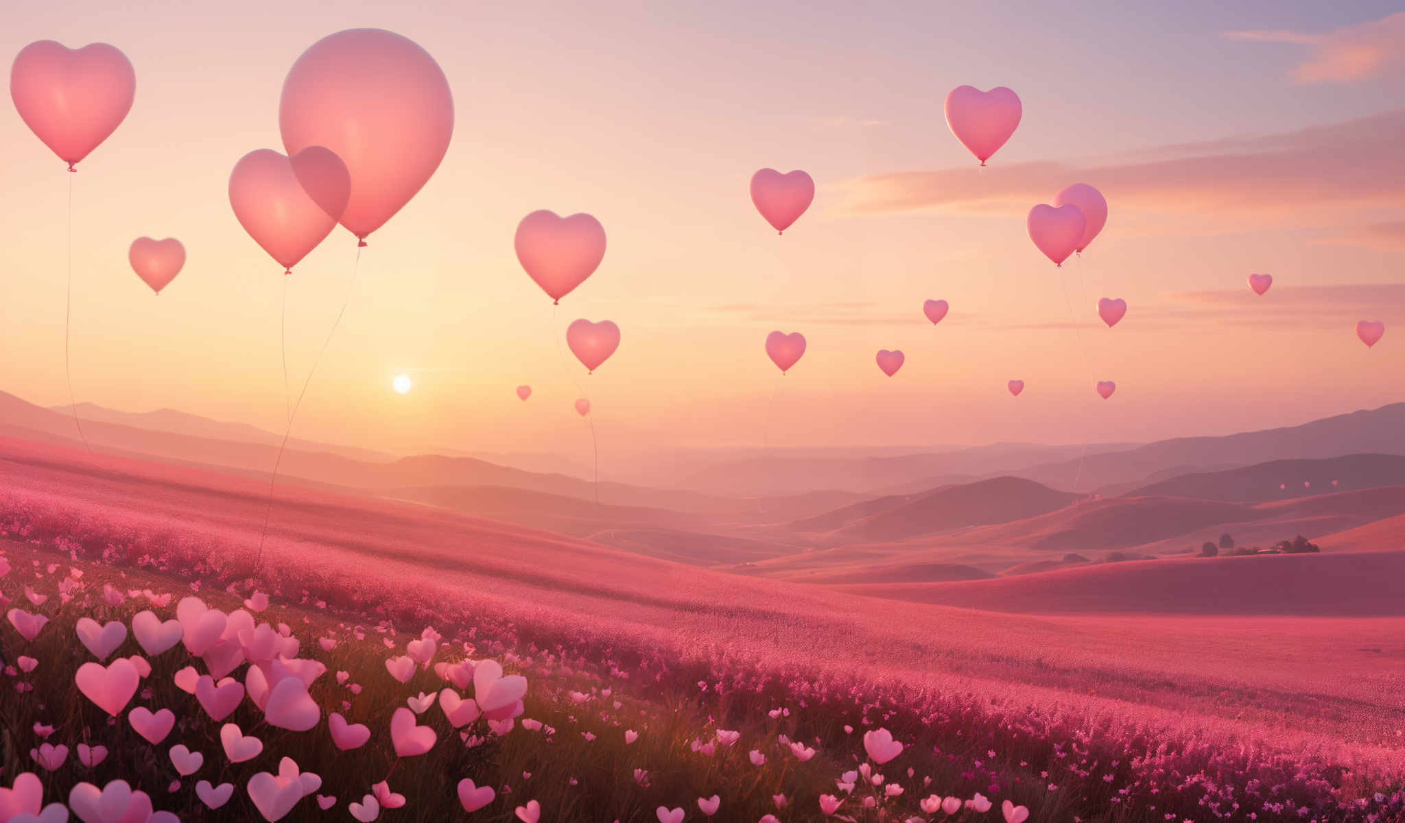 A field of pink flowers with hearts floating above it.