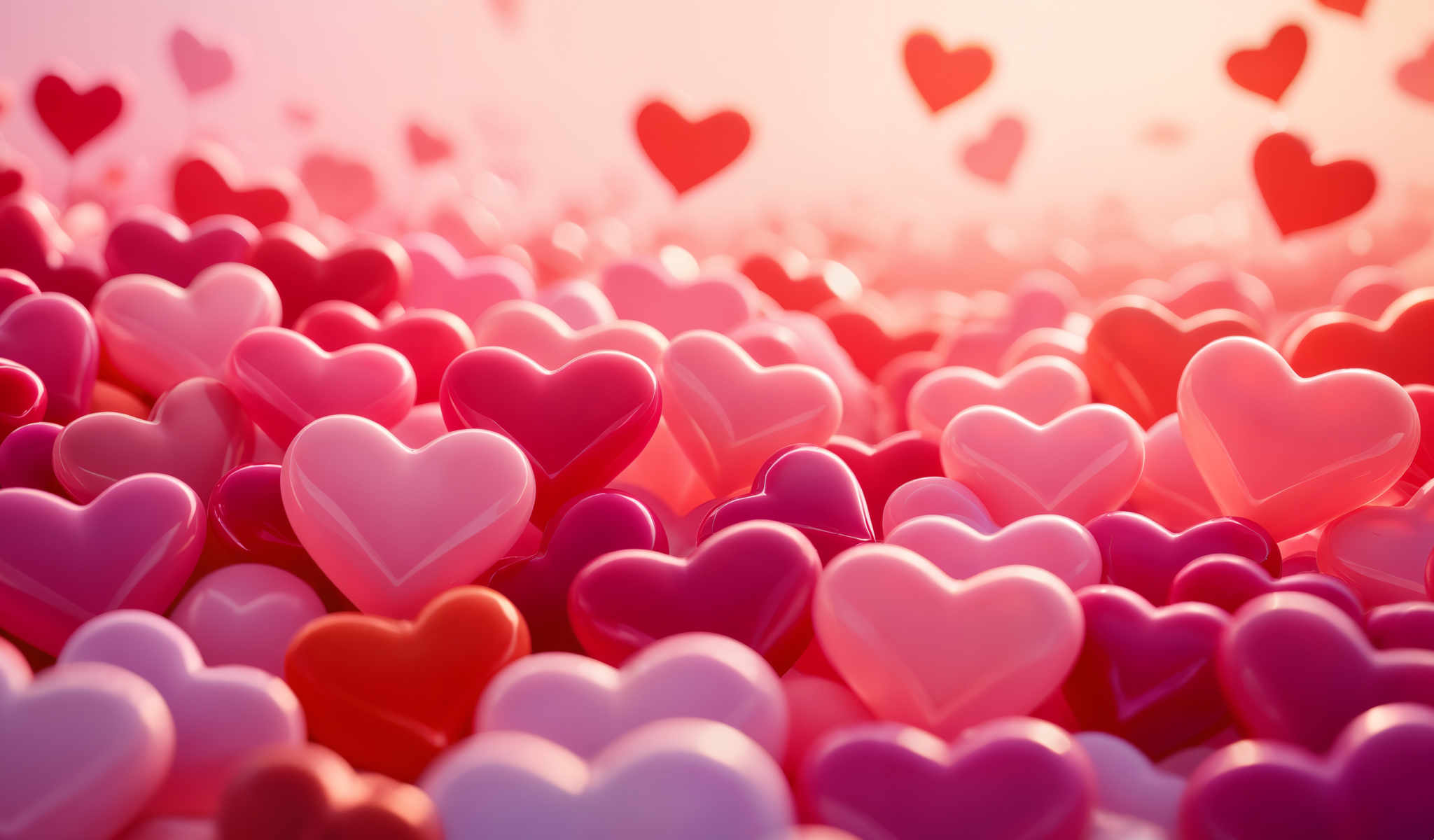 A close up of a multitude of hearts in various shades of pink and red.