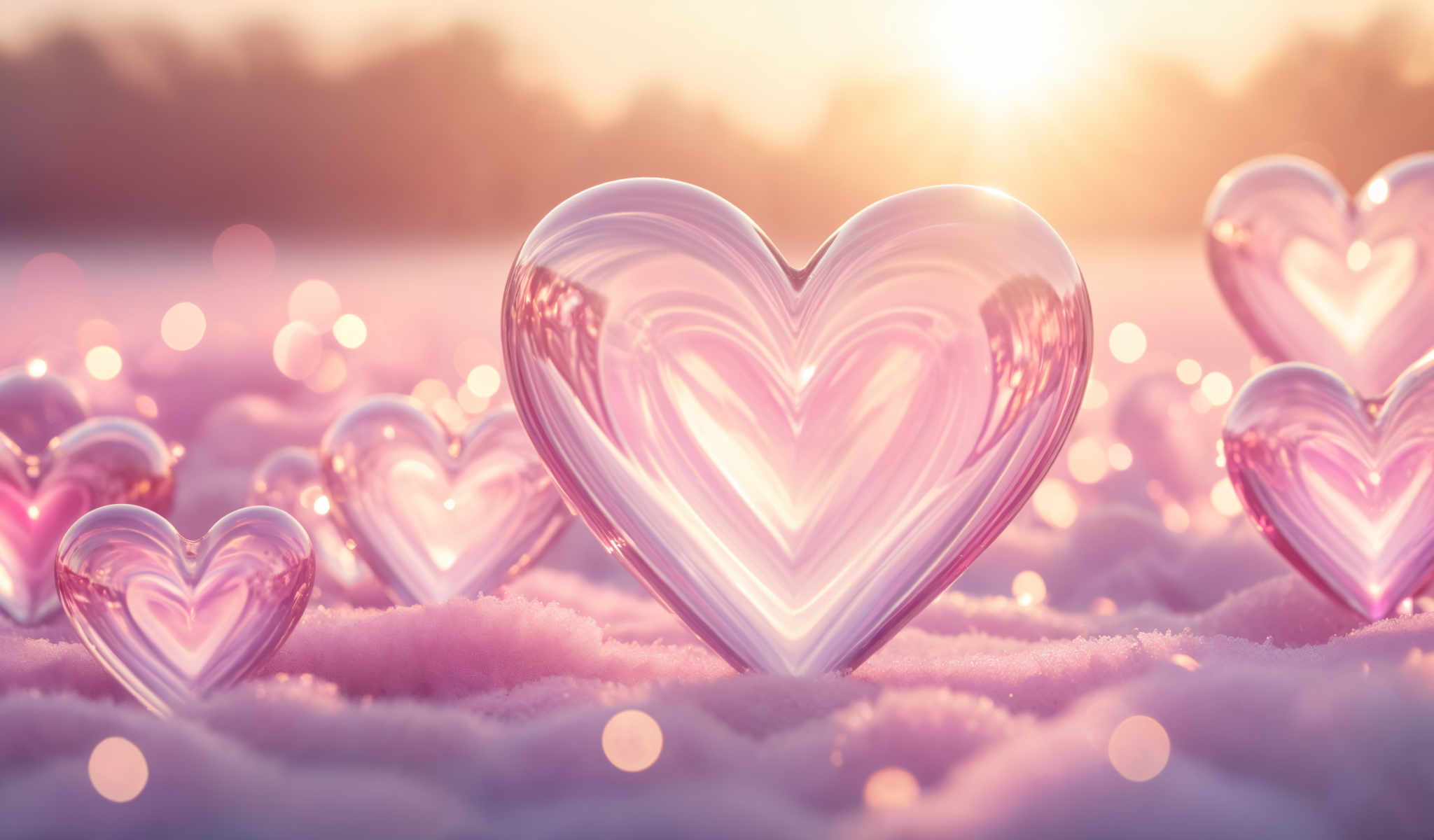 A heart-shaped glass is the main focus of the photo. The heart is made of a pink glass and is slightly tilted to the right. It is placed on a bed of pink snowflakes. The background is a blurred image of a sunset with the sun shining brightly. The colors in the photo are predominantly pink and orange. The photo appears to be taken from a low angle giving the heart a larger-than-life appearance. The overall scene creates a warm and romantic atmosphere.