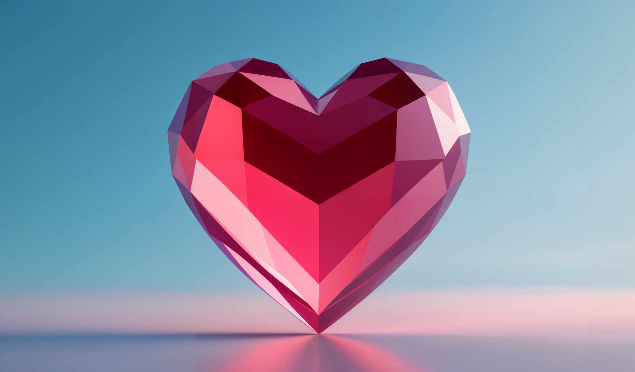 A heart-shaped object made of pink and purple triangles.