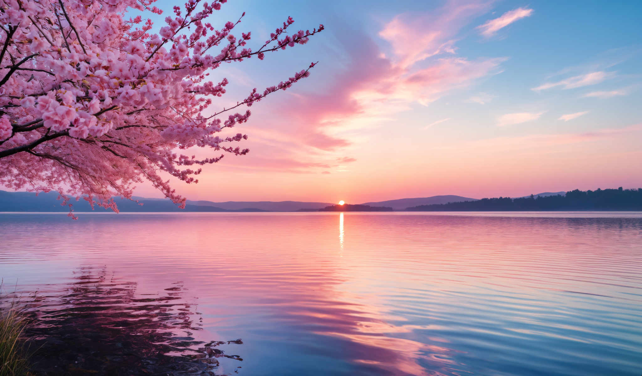 A serene scene of a sunset over a lake with a cherry blossom tree in the foreground. The tree is in full bloom with pink flowers and the sun is setting behind it casting a warm glow on the water. The sky is a beautiful blend of pink and blue hues reflecting off the lake and creating a tranquil atmosphere. The image captures the essence of nature's beauty and the peacefulness of a quiet evening by the water's edge.