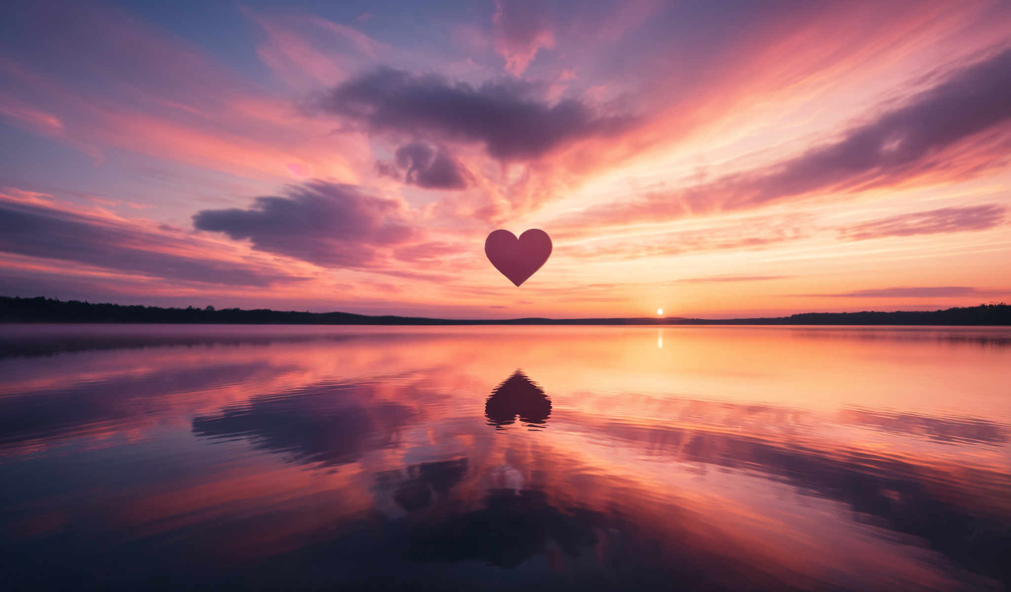 A heart-shaped balloon floats in the sky above a lake.