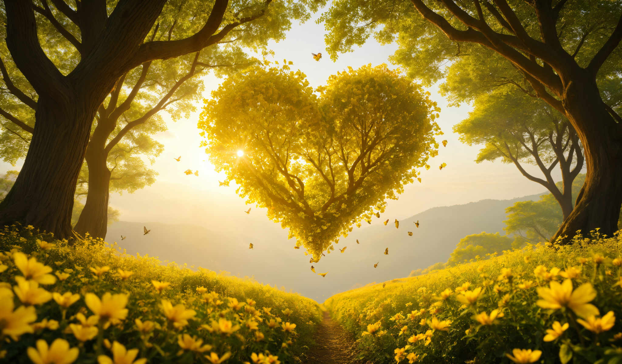 A heart-shaped tree with yellow leaves and a path of yellow flowers.