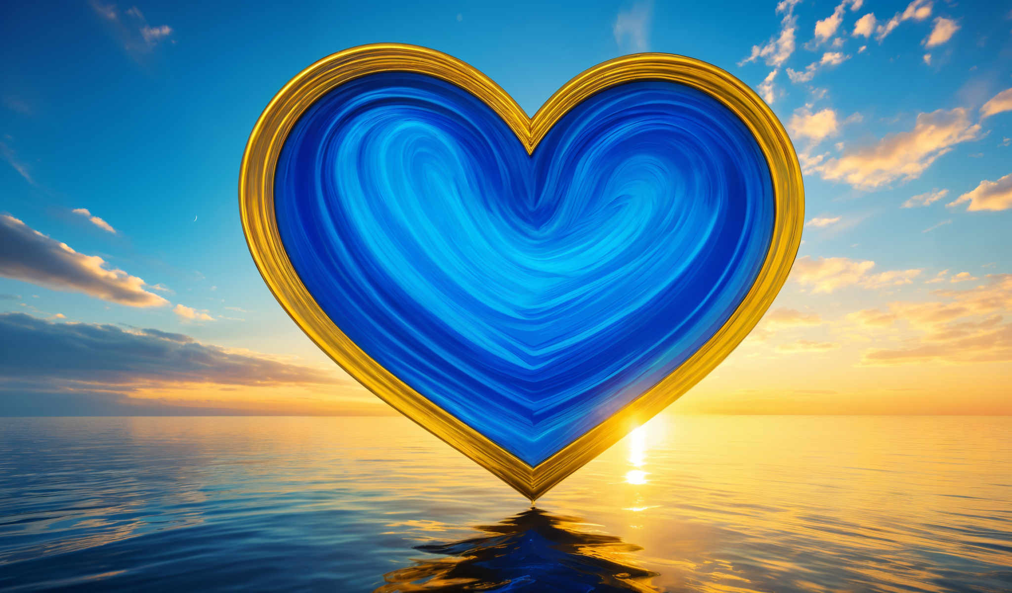 A large blue heart with a gold outline is floating on a body of water. The heart is composed of blue and gold swirls giving it a dynamic and vibrant appearance. The sun is setting in the background casting a warm glow on the scene. The water beneath the heart is calm and serene reflecting the colors of the heart and the sky. The image is a beautiful representation of love and tranquility.