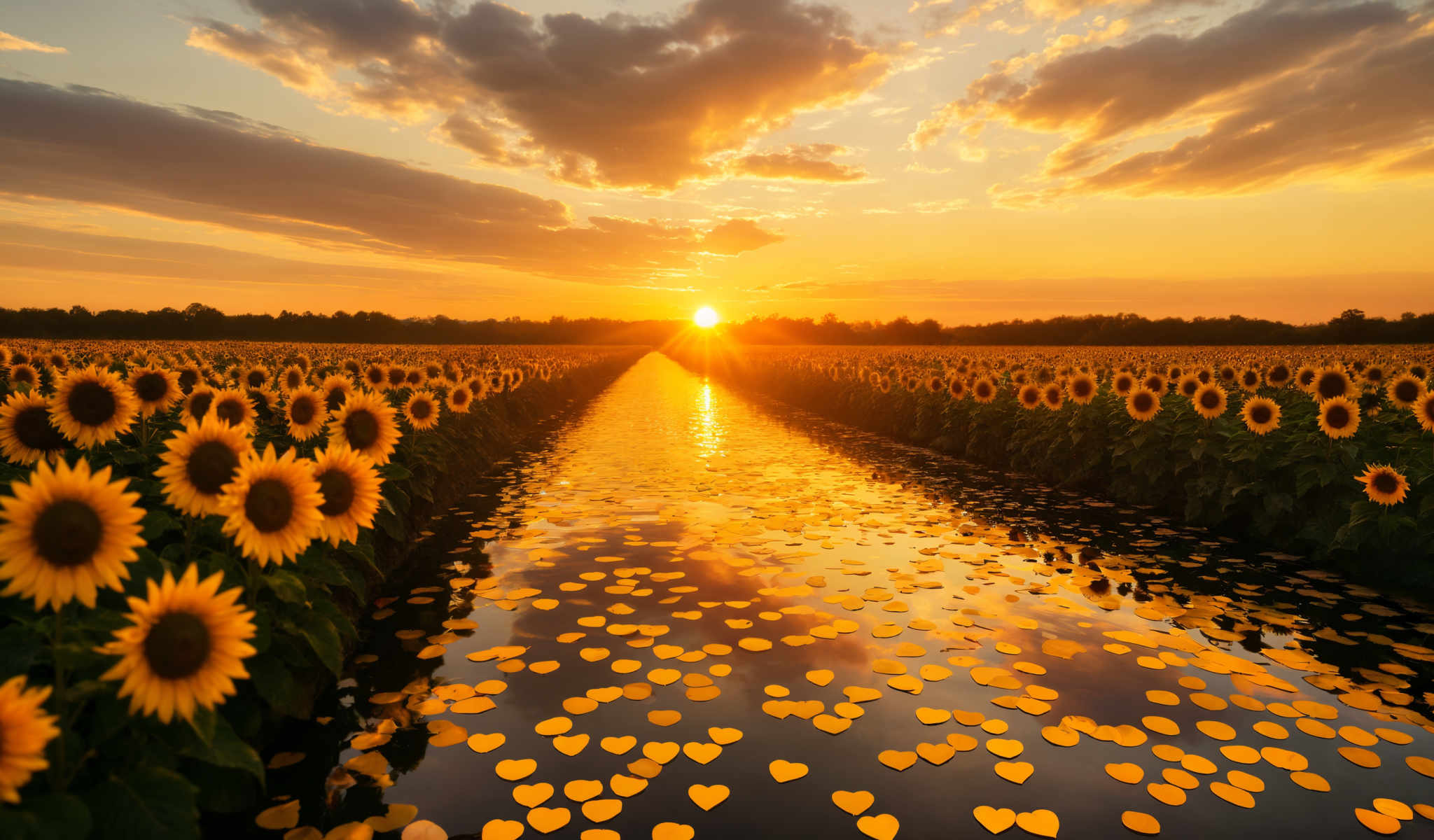 A field of sunflowers with a path of water through it.