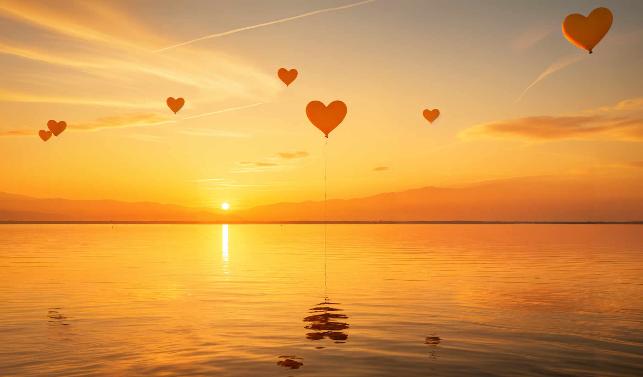 The image captures a serene scene of a sunset over a body of water. The sun is setting behind a mountain range casting a warm golden glow across the sky. The water reflecting the colors of the sunset is calm and still. 

In the center of the water there are three heart-shaped balloons floating. They are red and appear to be made of a shiny material. The balloons are arranged in a triangle formation with one balloon at the top and two at the bottom. 

The image does not contain any text or other discernible objects. The relative positions of the objects are such that the balloons are in the foreground the water is in the middle ground and the sunset and mountains are in a distant background. The image does convey a sense of tranquility and love as symbolized by the hearts.