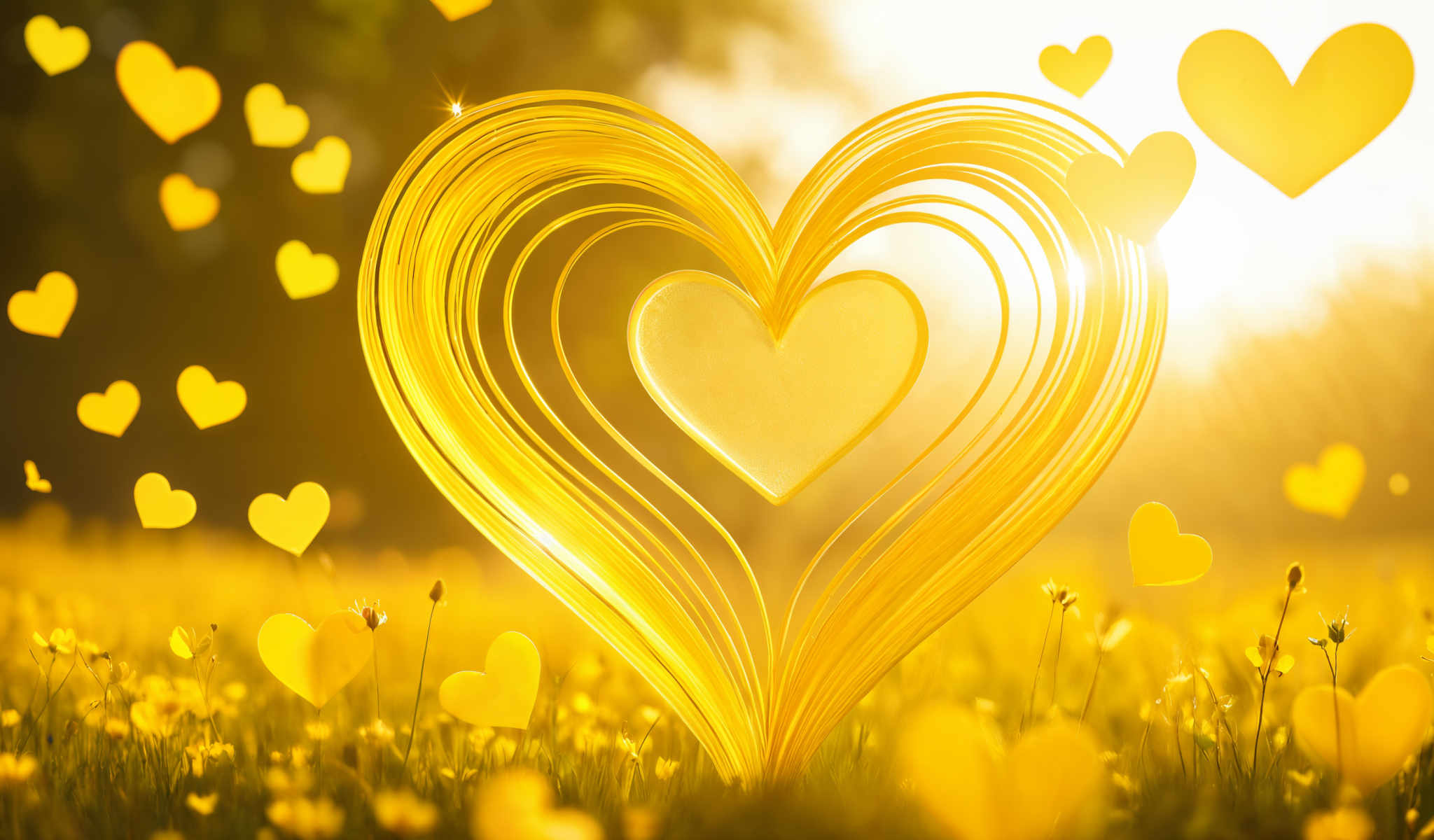 A heart made of yellow ribbons in a field of yellow flowers.