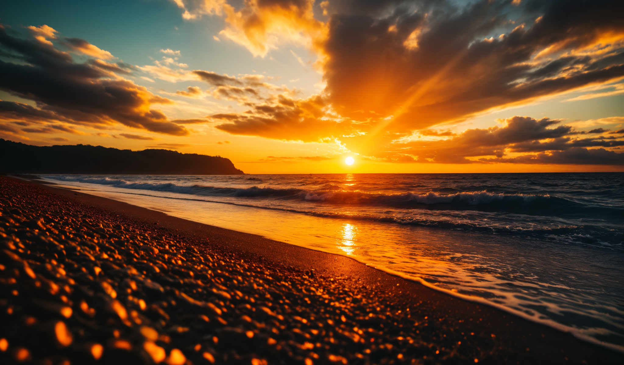 A sunset over the ocean with a mountain in the background.