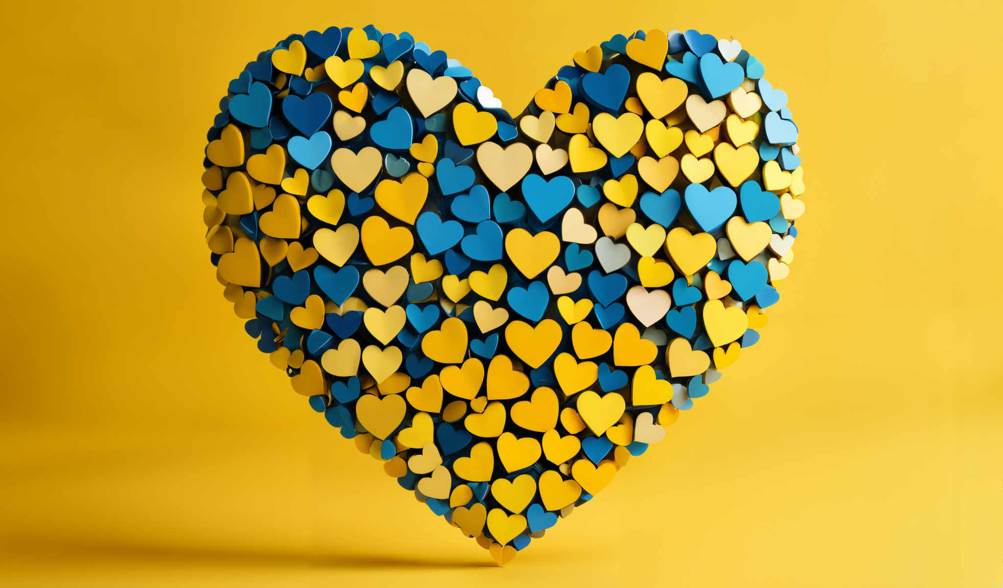 A heart-shaped collage of blue and yellow hearts.