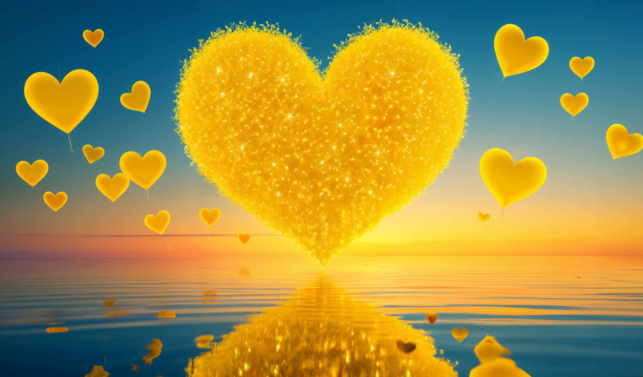 A heart-shaped object made of yellow lights floating on a body of water.