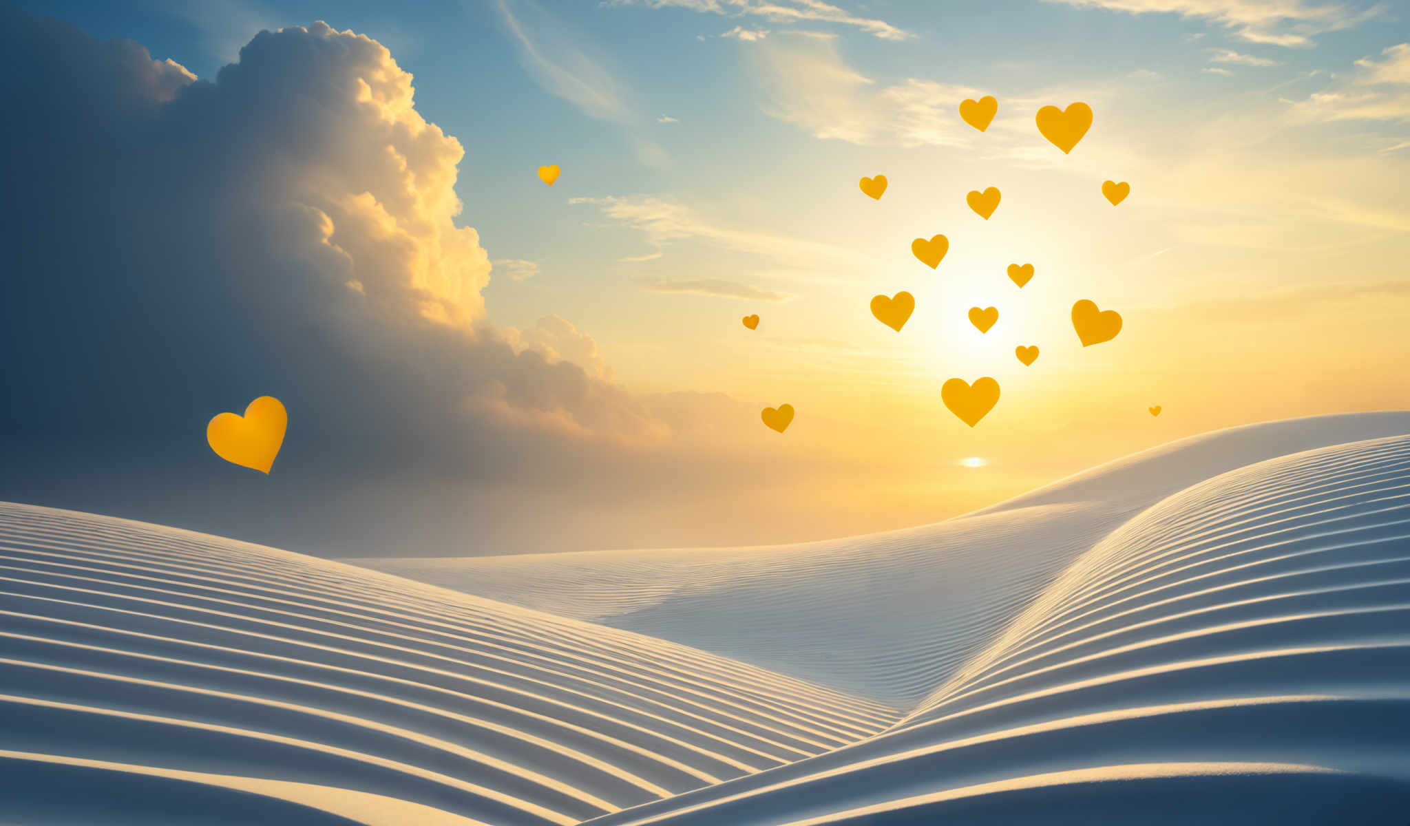 The image captures a serene sunset over a beach. The sky is painted with hues of orange and yellow with the sun setting in the background. The beach is covered in white sand and the waves are gently lapping at the shore. Scattered throughout the scene are hearts each one a vibrant yellow. These hearts are not just randomly placed; they are arranged in a pattern that creates a beautiful contrast against the backdrop of the sunset. The image is a perfect blend of nature's beauty and human creativity.