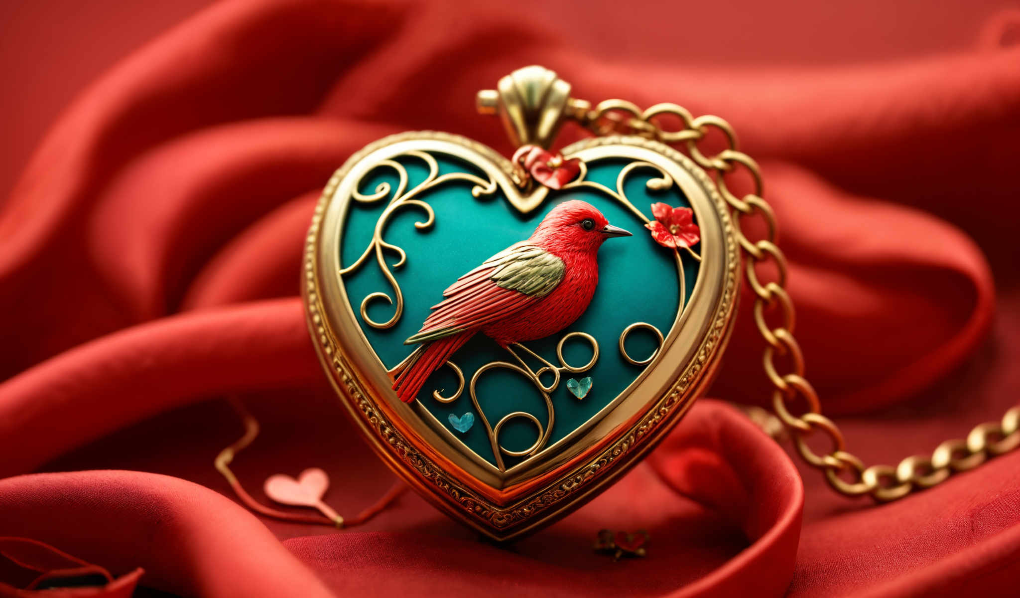 A heart-shaped pendant with a red bird and flowers on it.