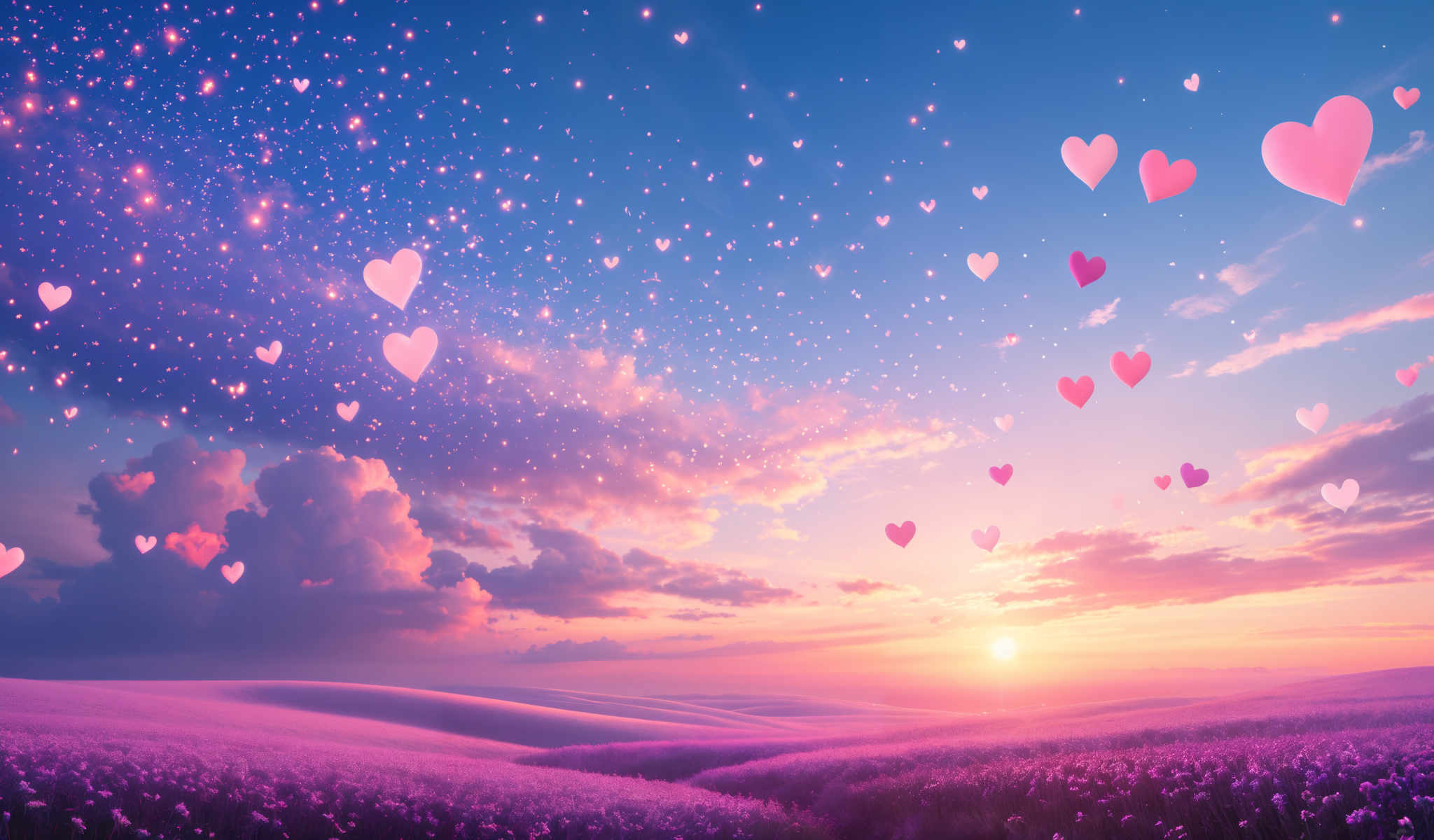 A beautiful sunset with hearts floating in the sky.