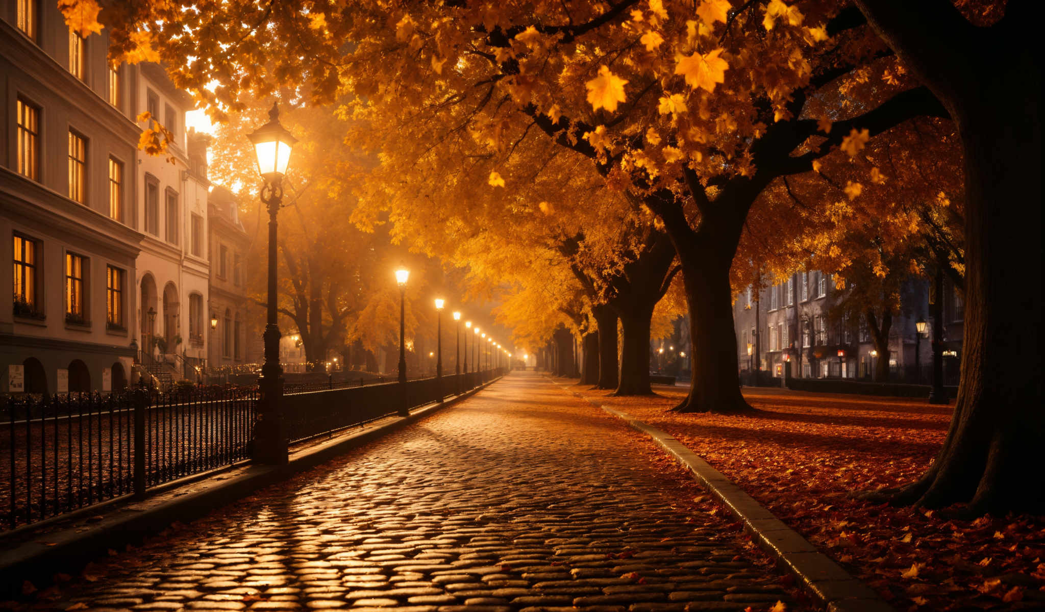 A cobblestone path lined with trees and street lamps.