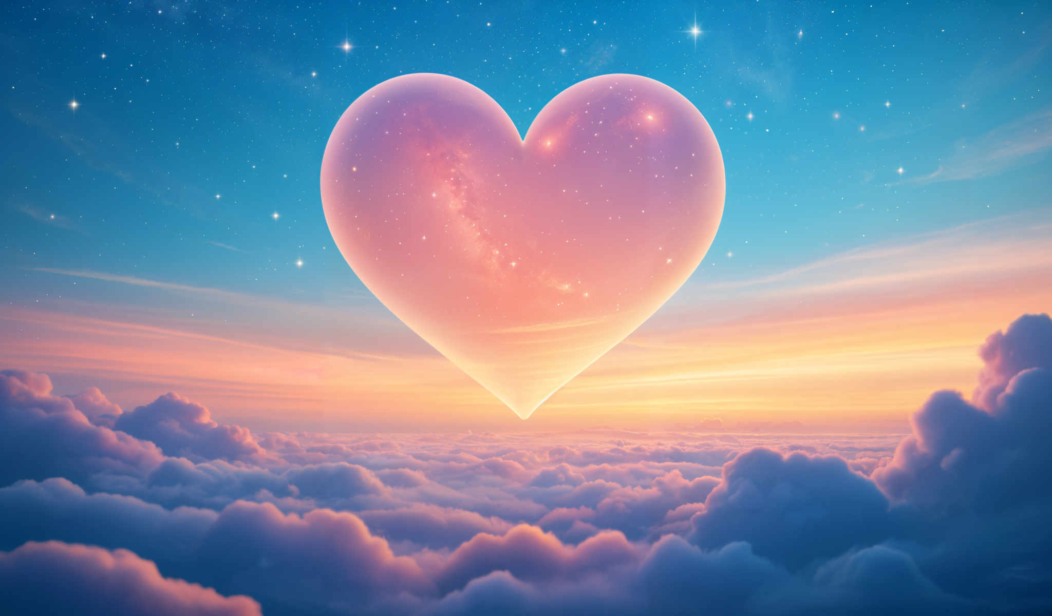 A heart-shaped object is floating in the sky surrounded by clouds.