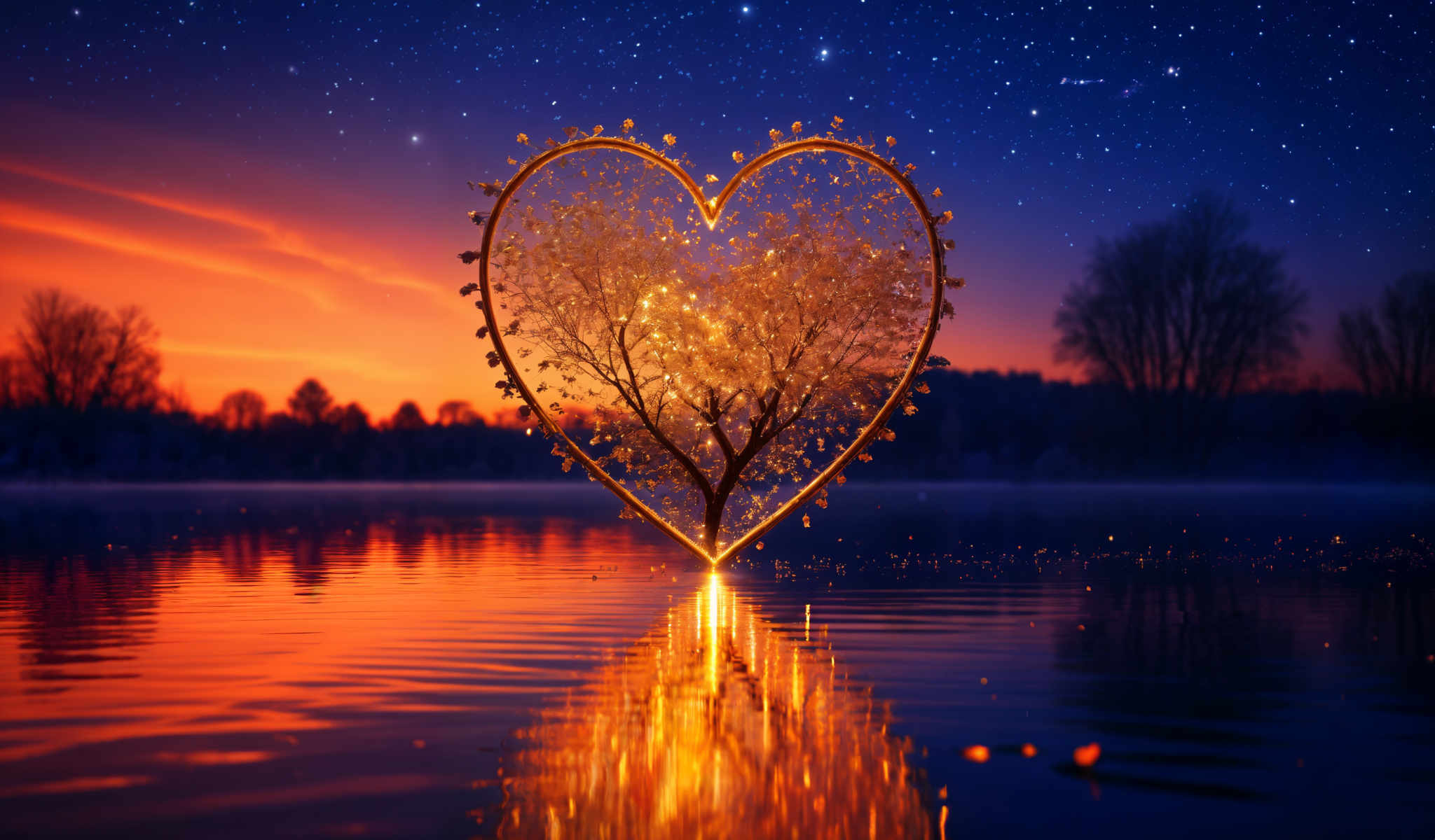 A heart-shaped tree with golden leaves is reflected in a body of water.