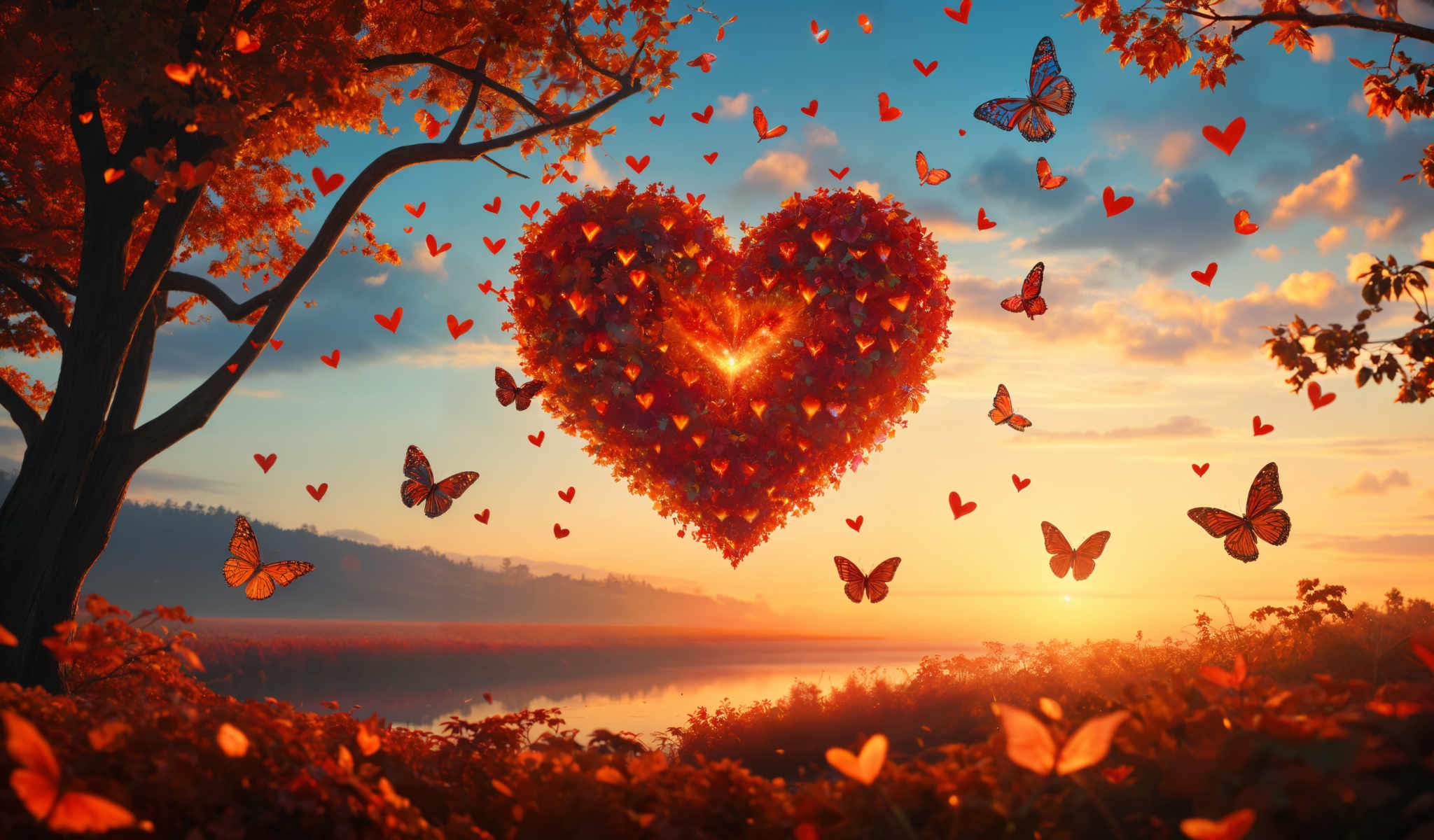 A heart-shaped arrangement of red leaves with butterflies flying around it.