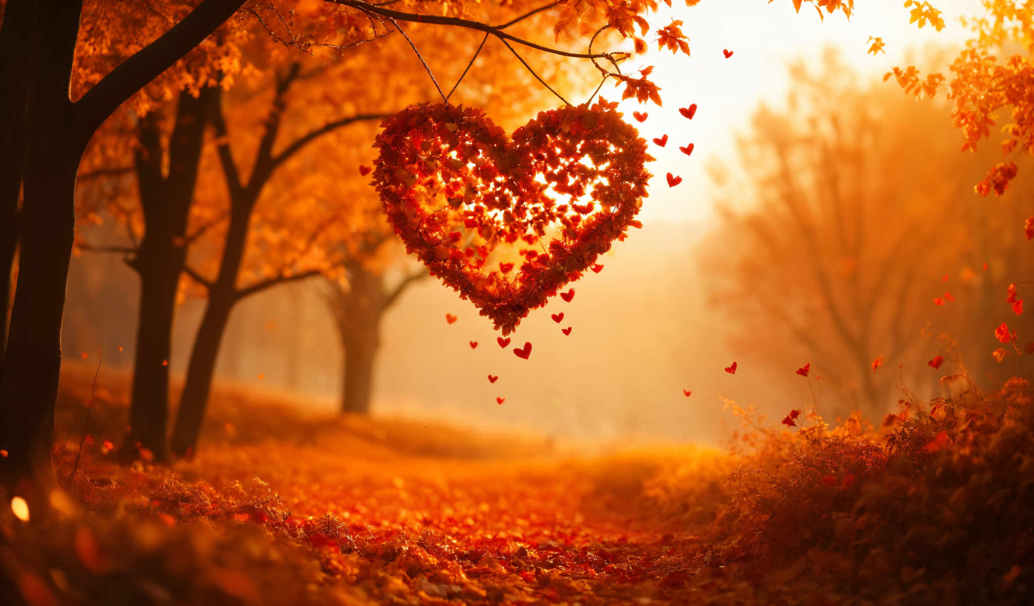 A heart-shaped decoration made of red leaves hangs from a tree branch.